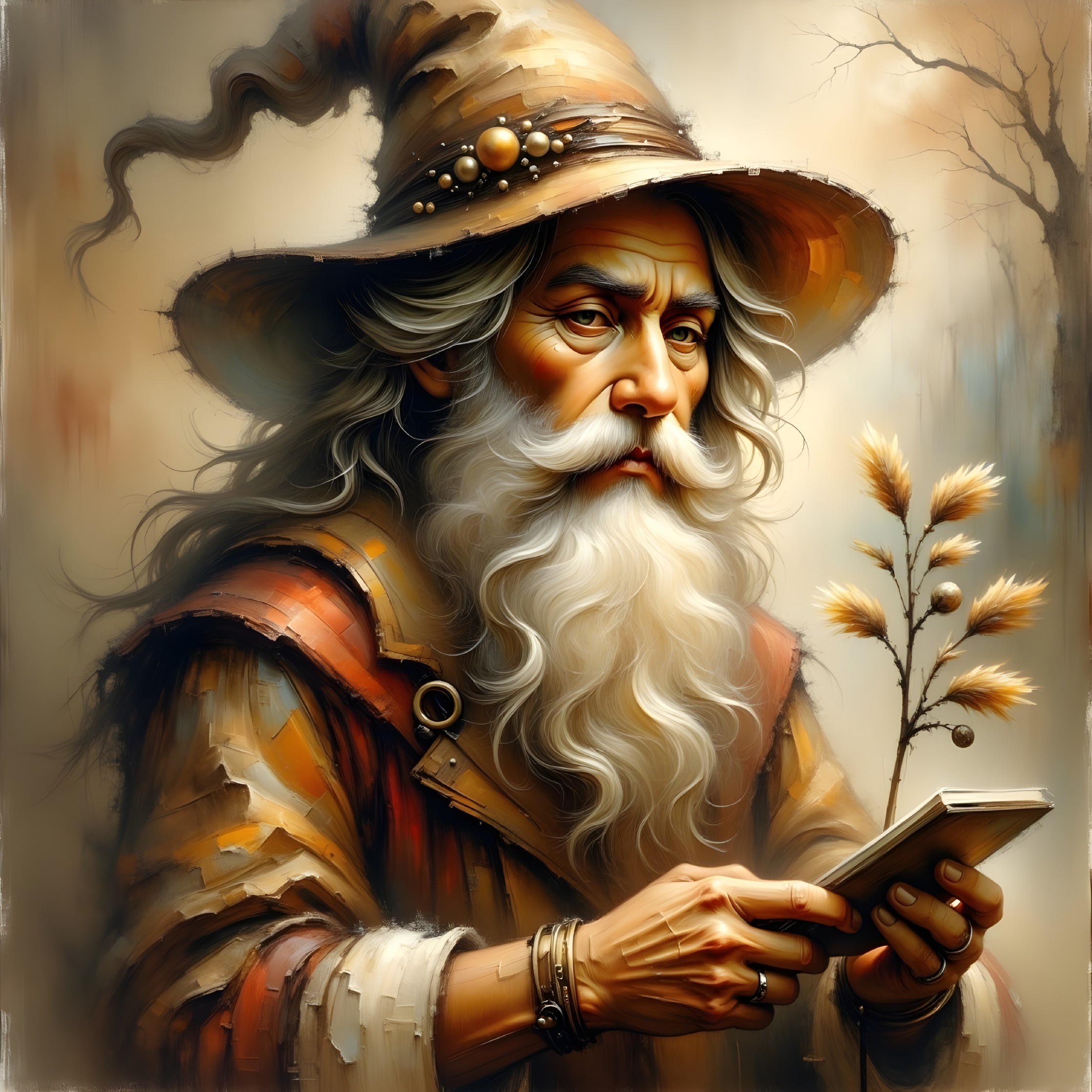 Wise Old Wizard in Mystical Setting with Book and Grass