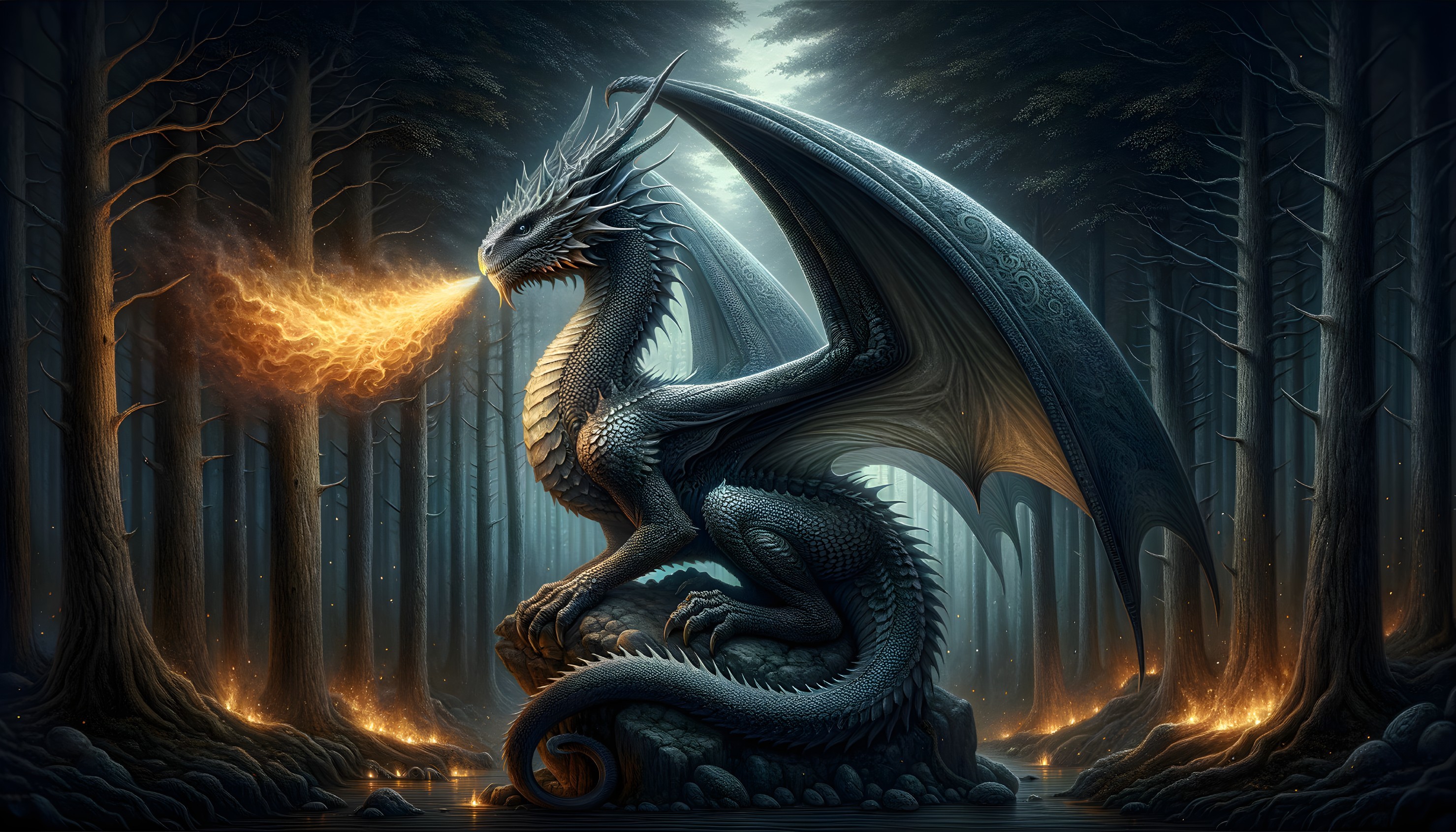 Black Dragon Breathing Fire in Twilight Forest Scene