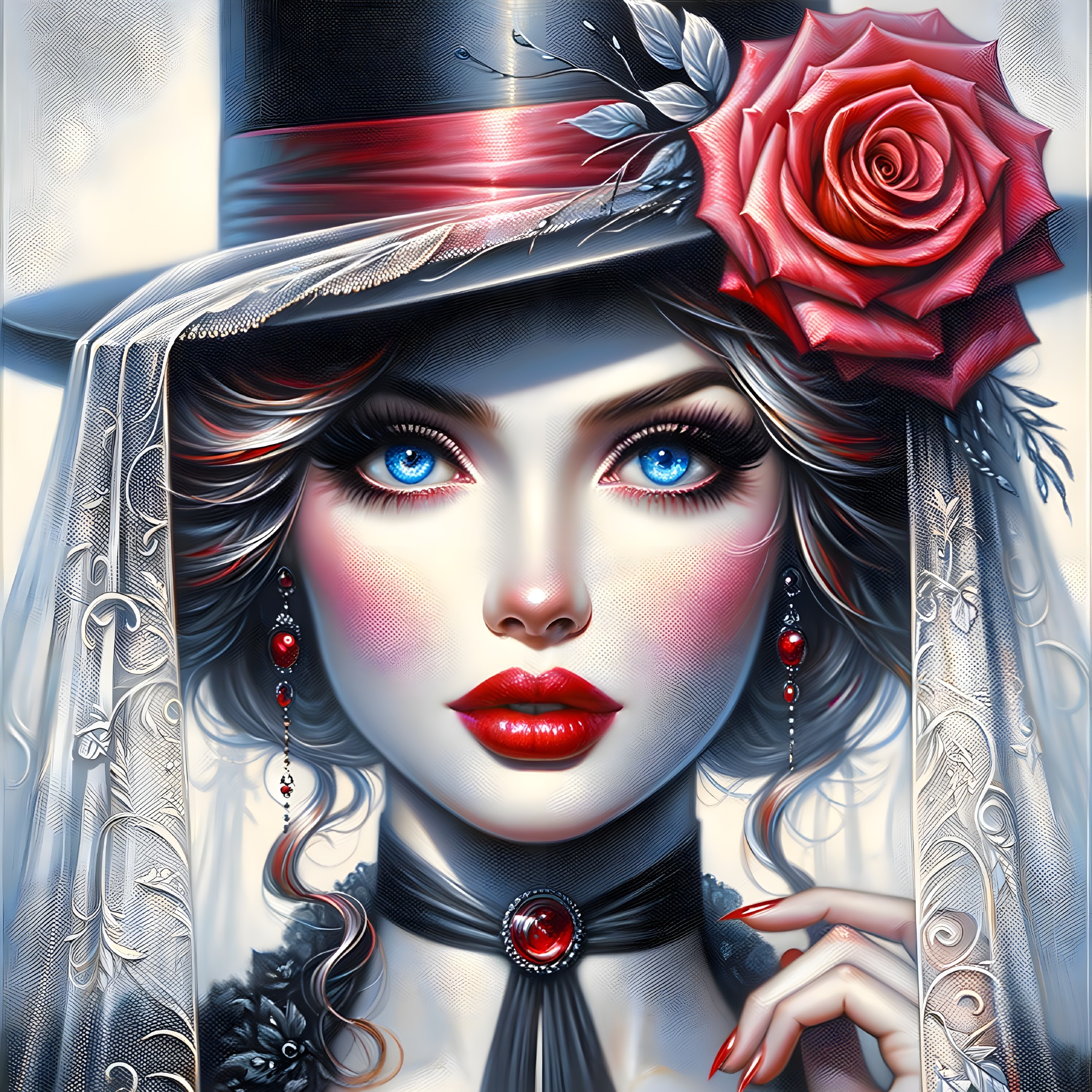 Striking Woman in Black Hat with Red Rose and Lace Veil