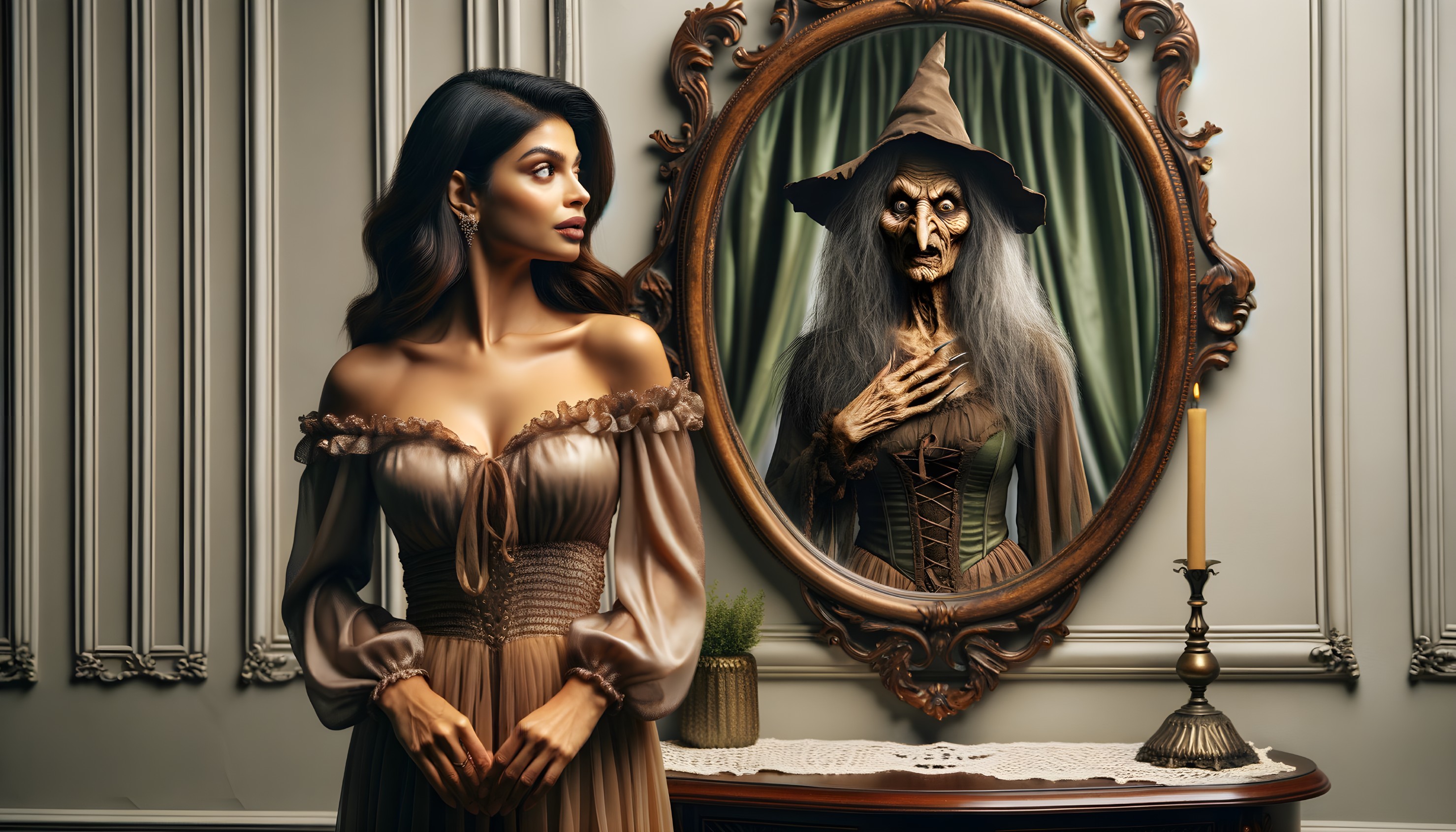 Woman in beige dress next to mirror showing witch reflection