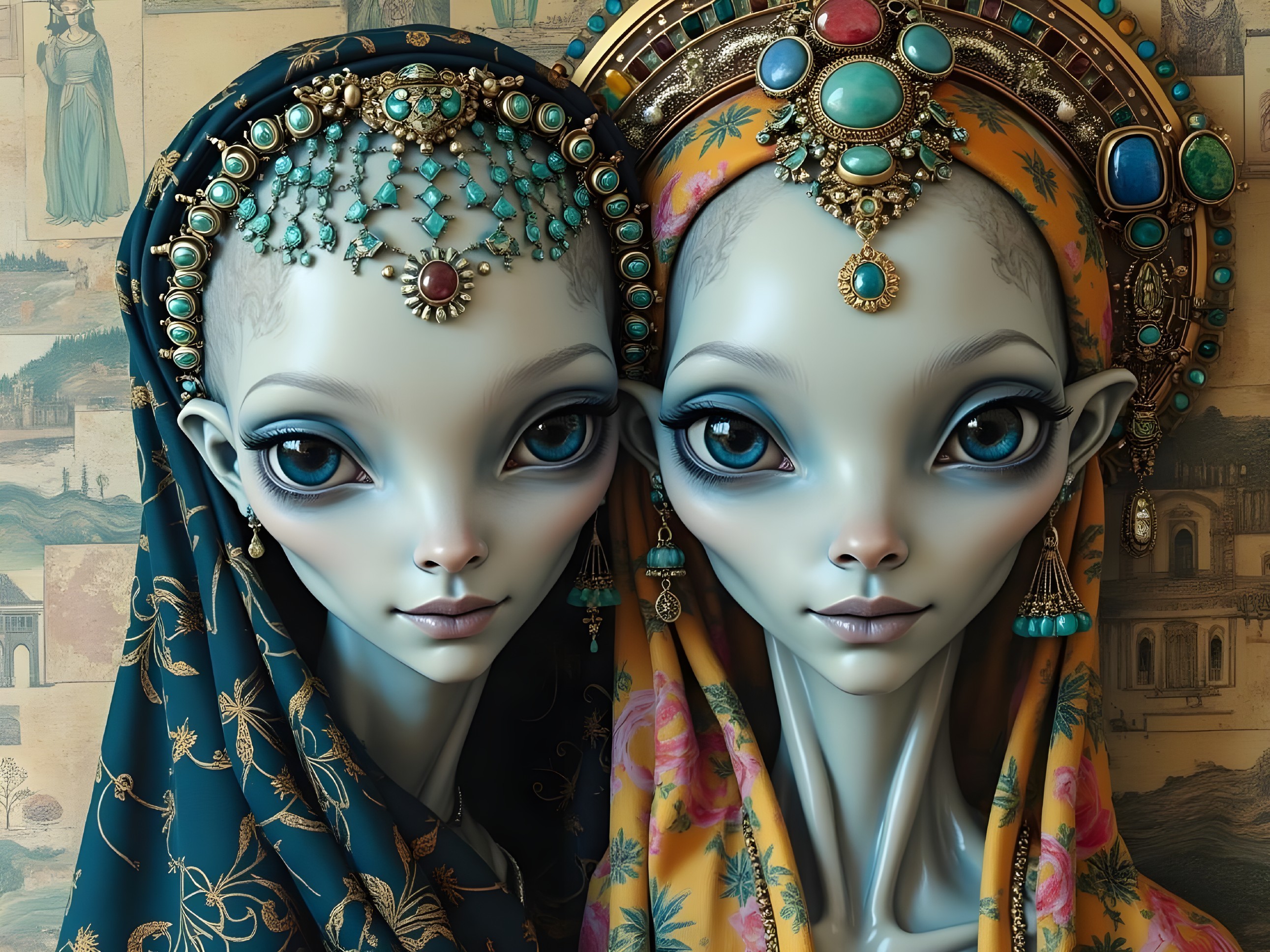 Otherworldly Figures with Ornate Headpieces and Attire