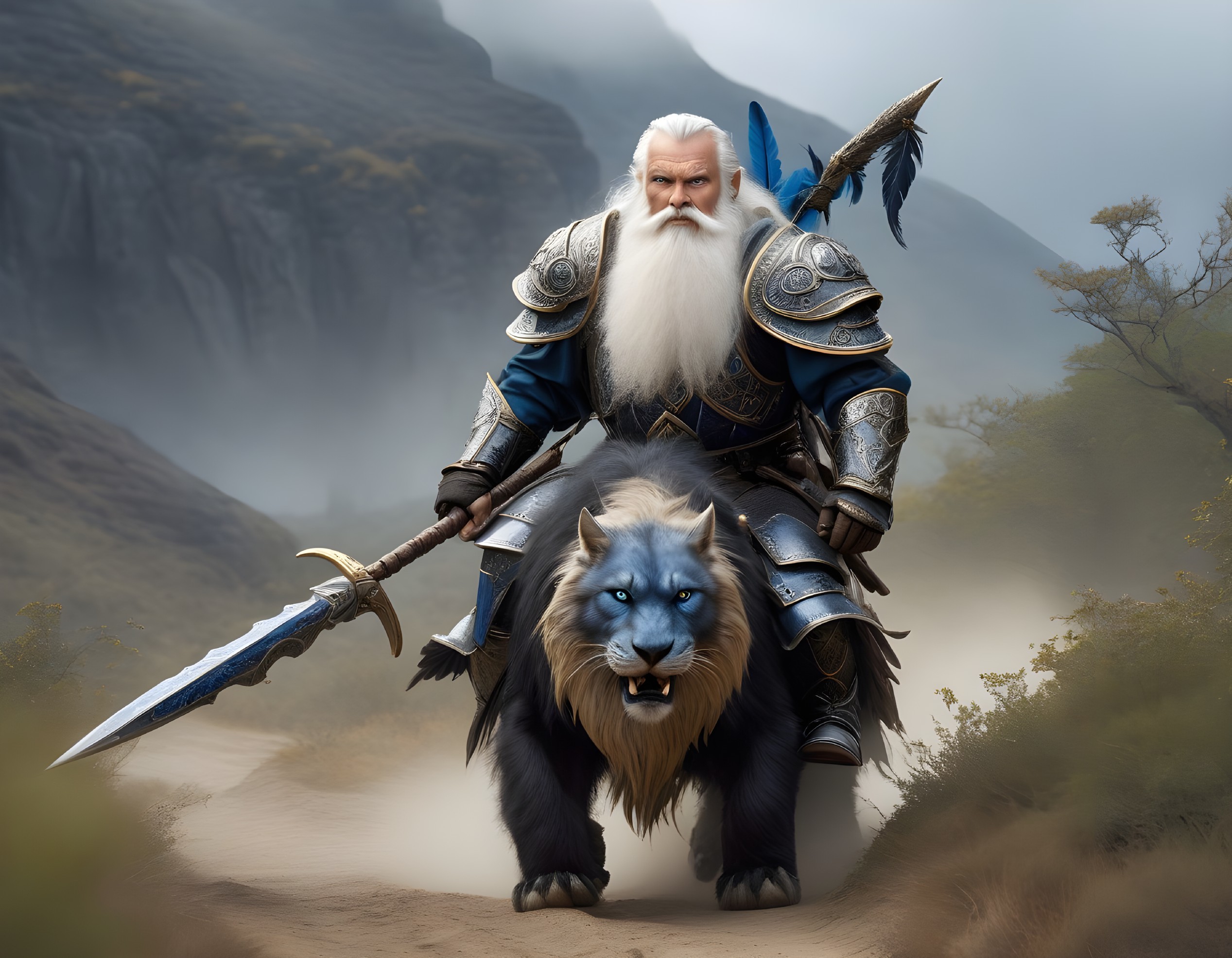 Elderly Armored Warrior with Blue Lion in Mountains