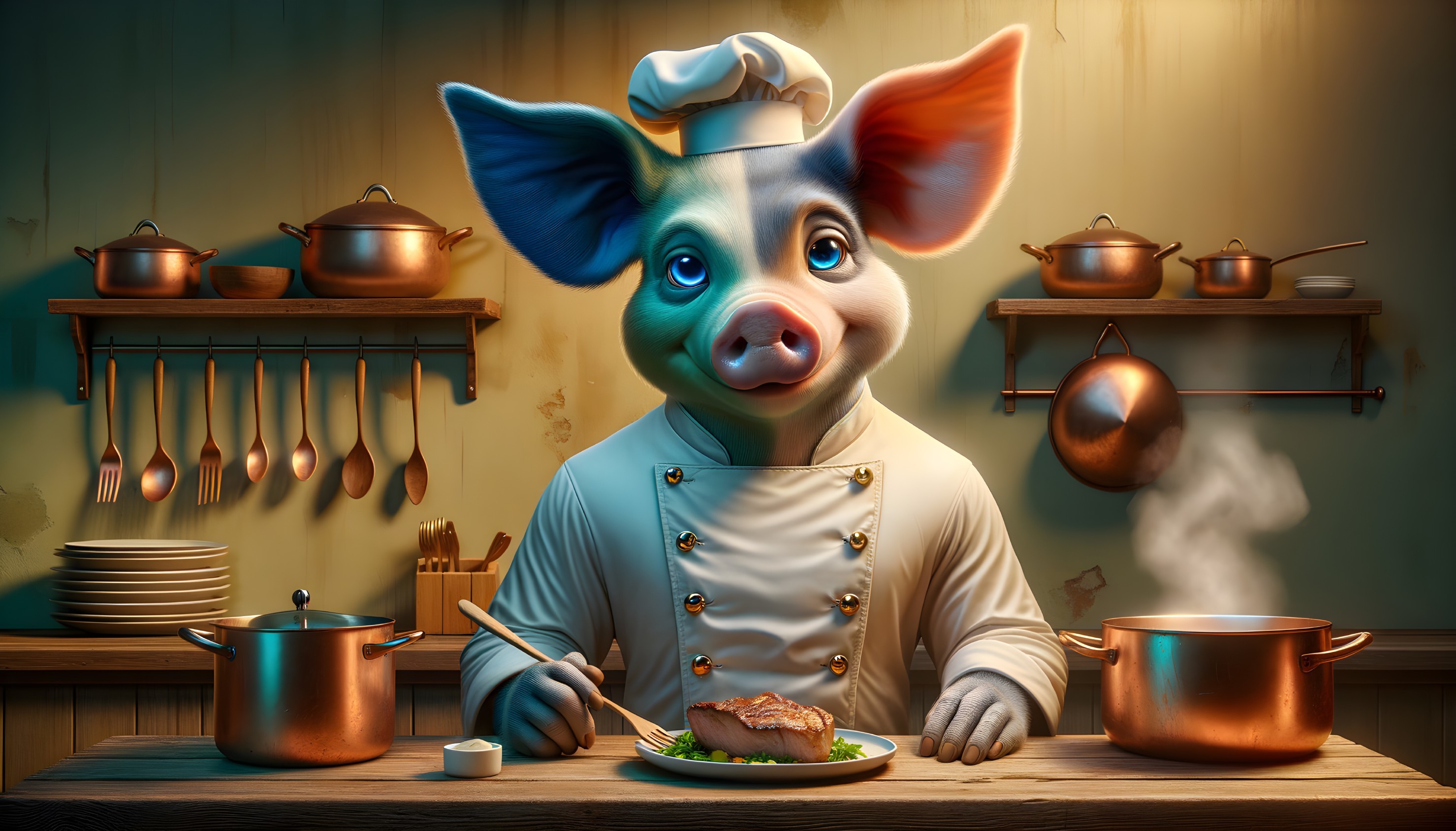 Cartoon Pig Chef in Cozy Kitchen Scene