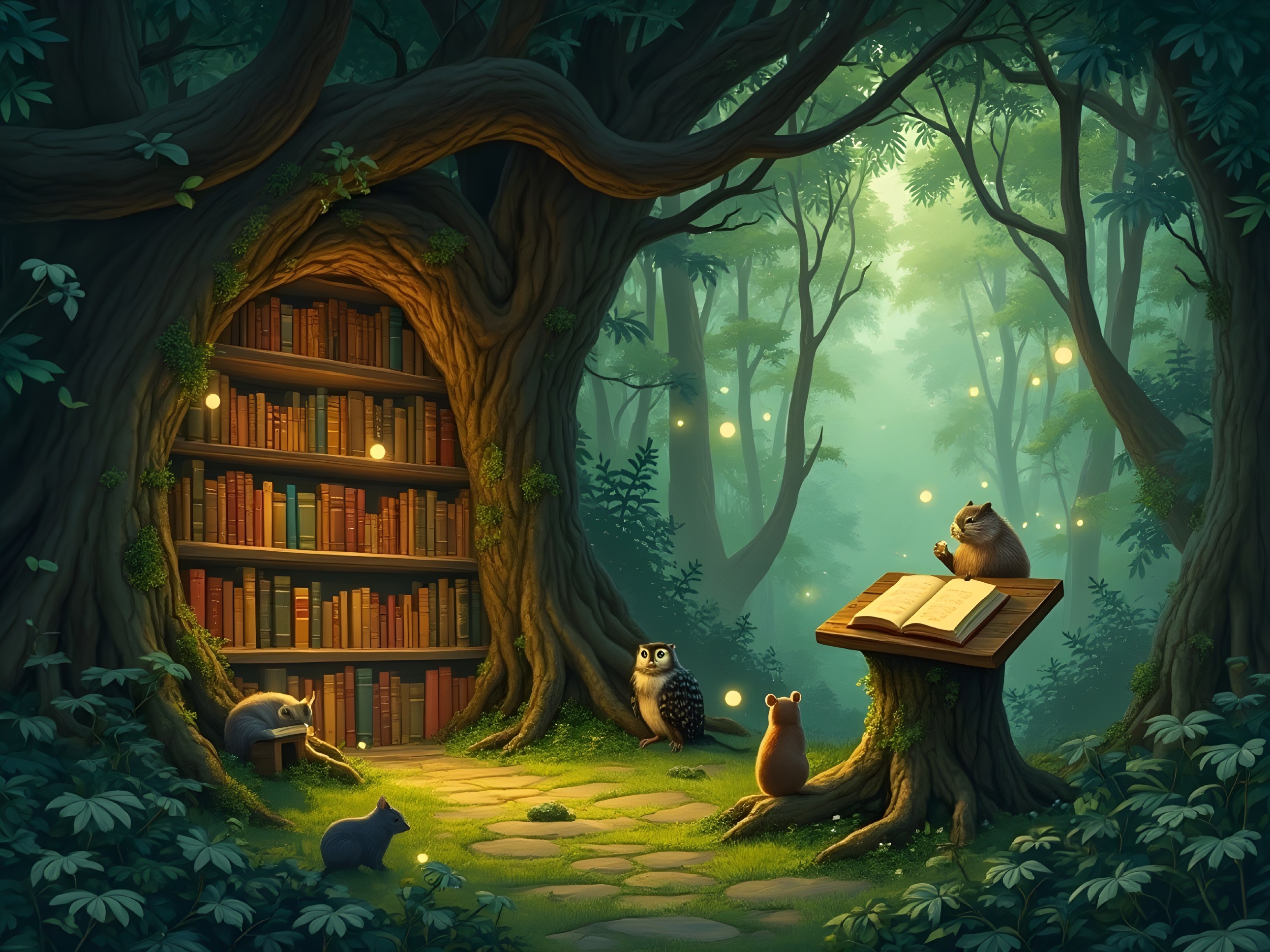 Ancient Tree Library in a Magical Forest Setting