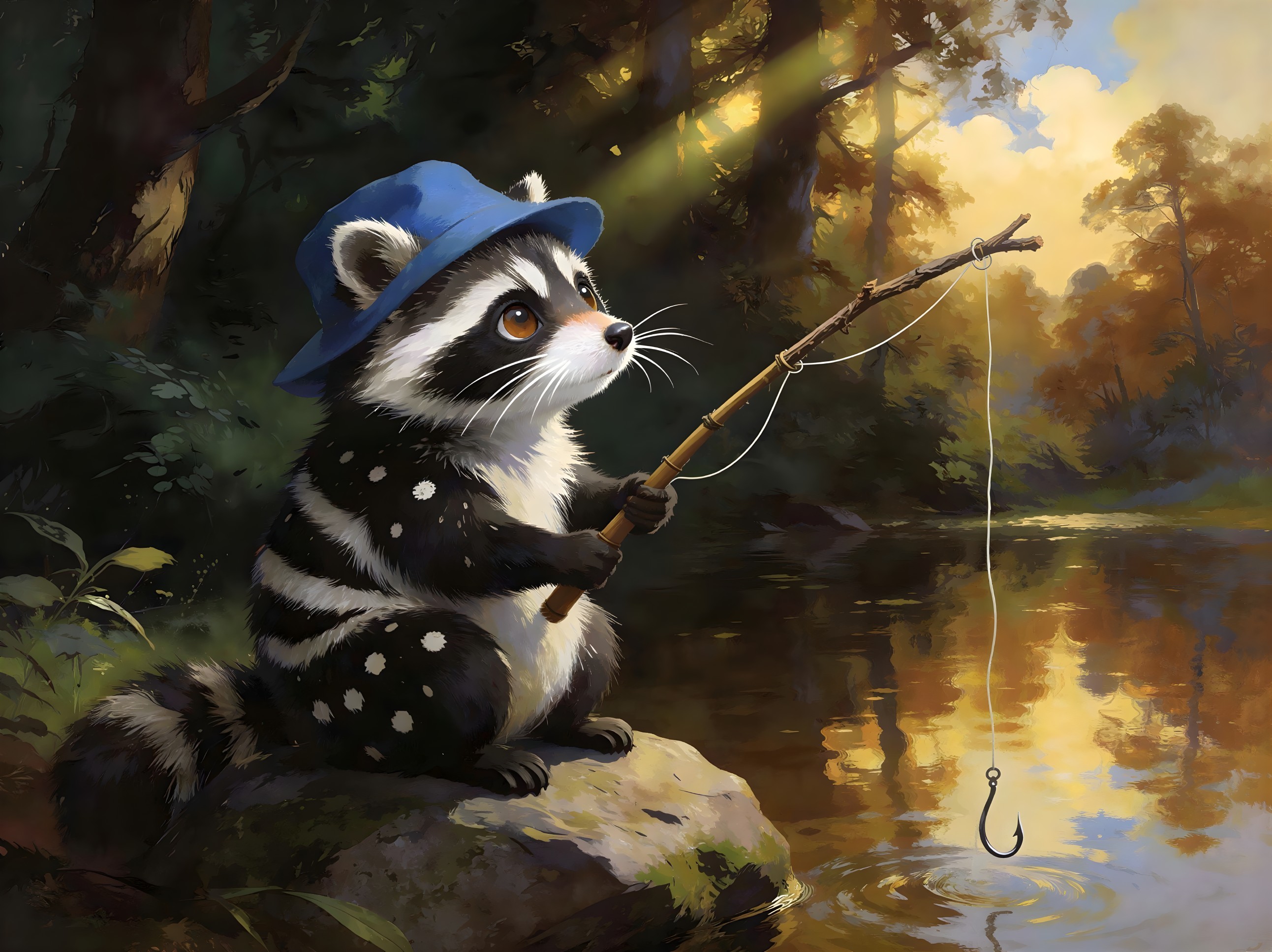 Raccoon Fishing by a River in a Blue Hat