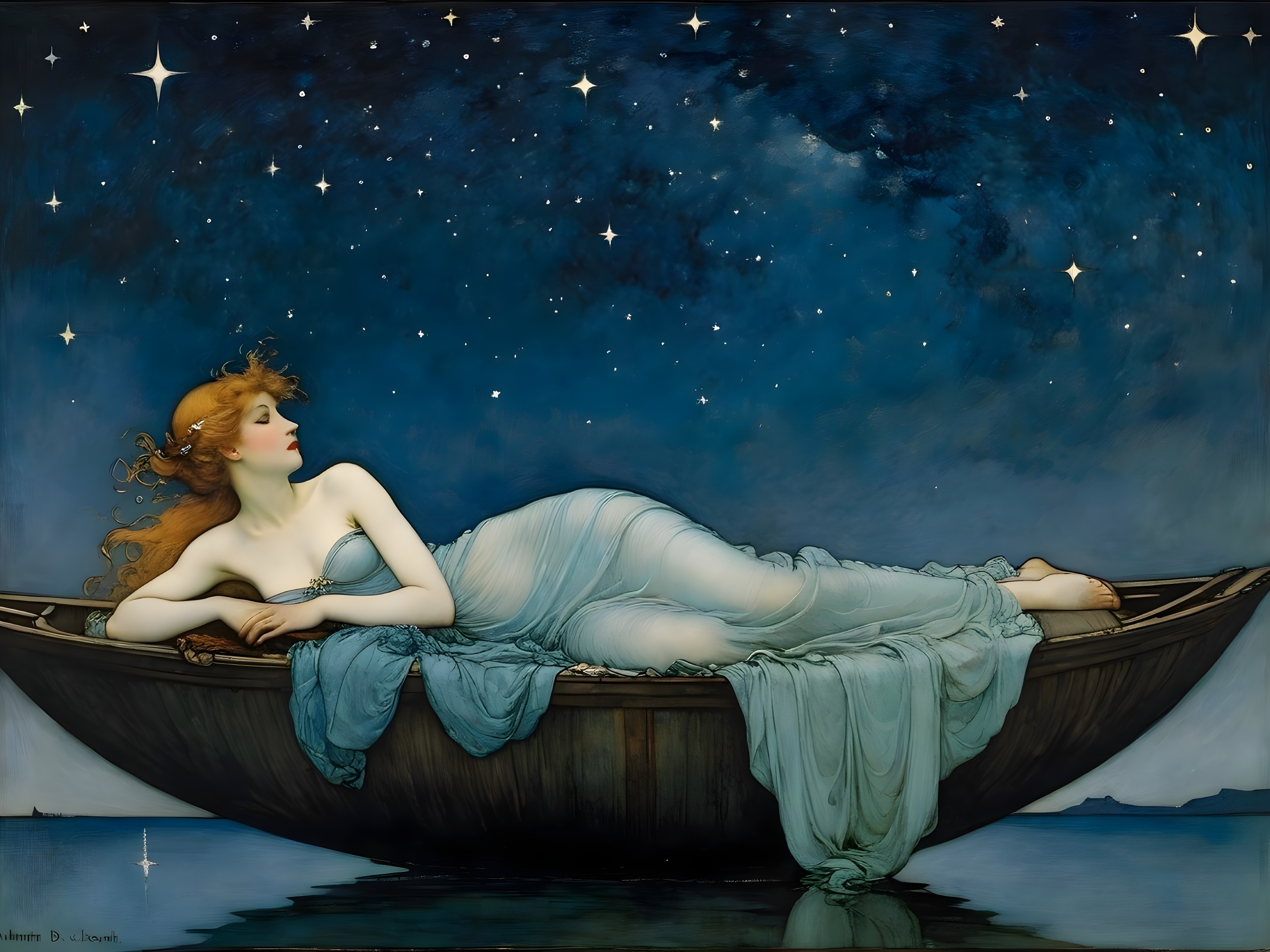 Serene Woman in Boat Under Starry Night Sky