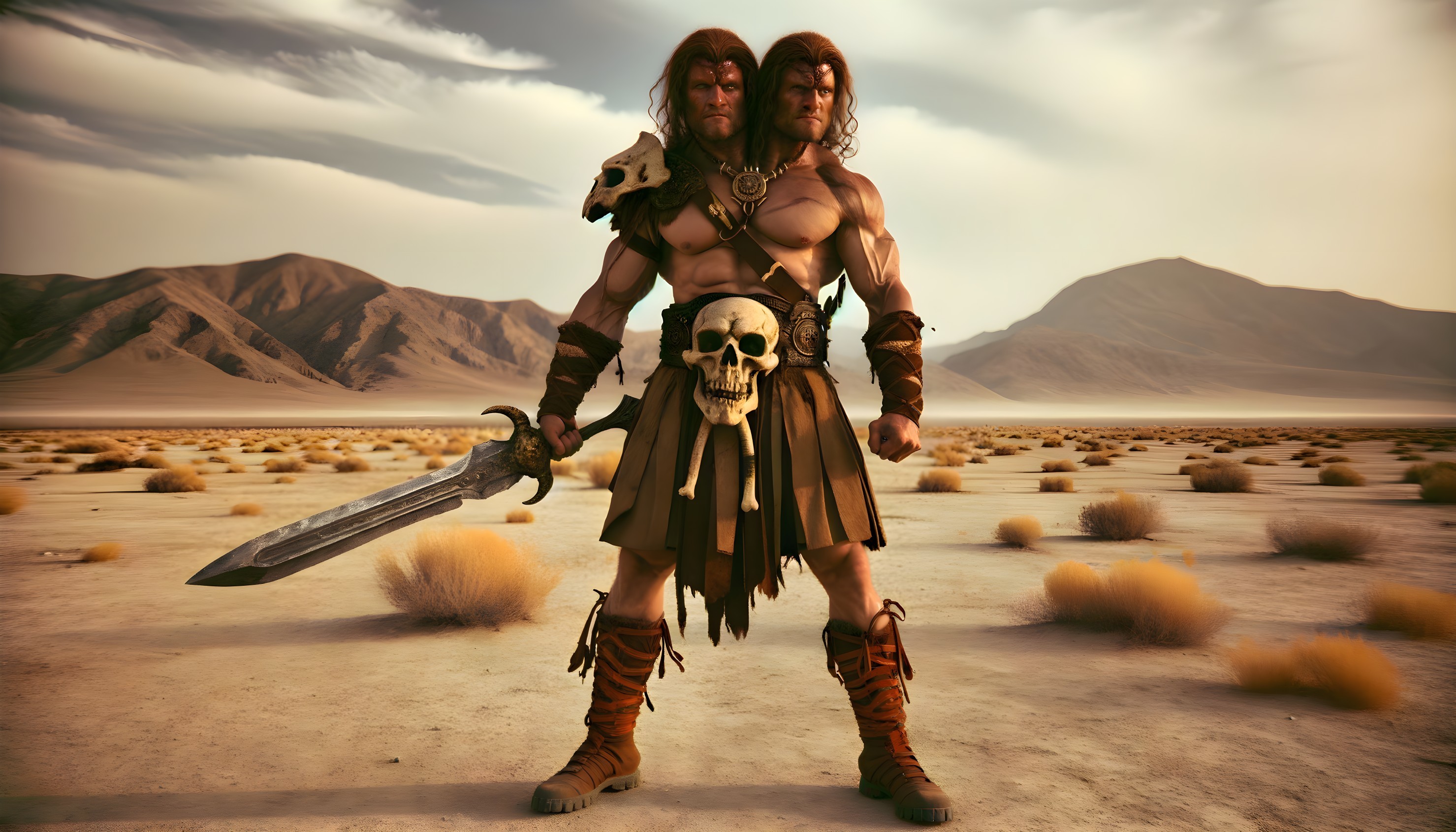 Muscular Warrior with Two Heads in Desert Landscape