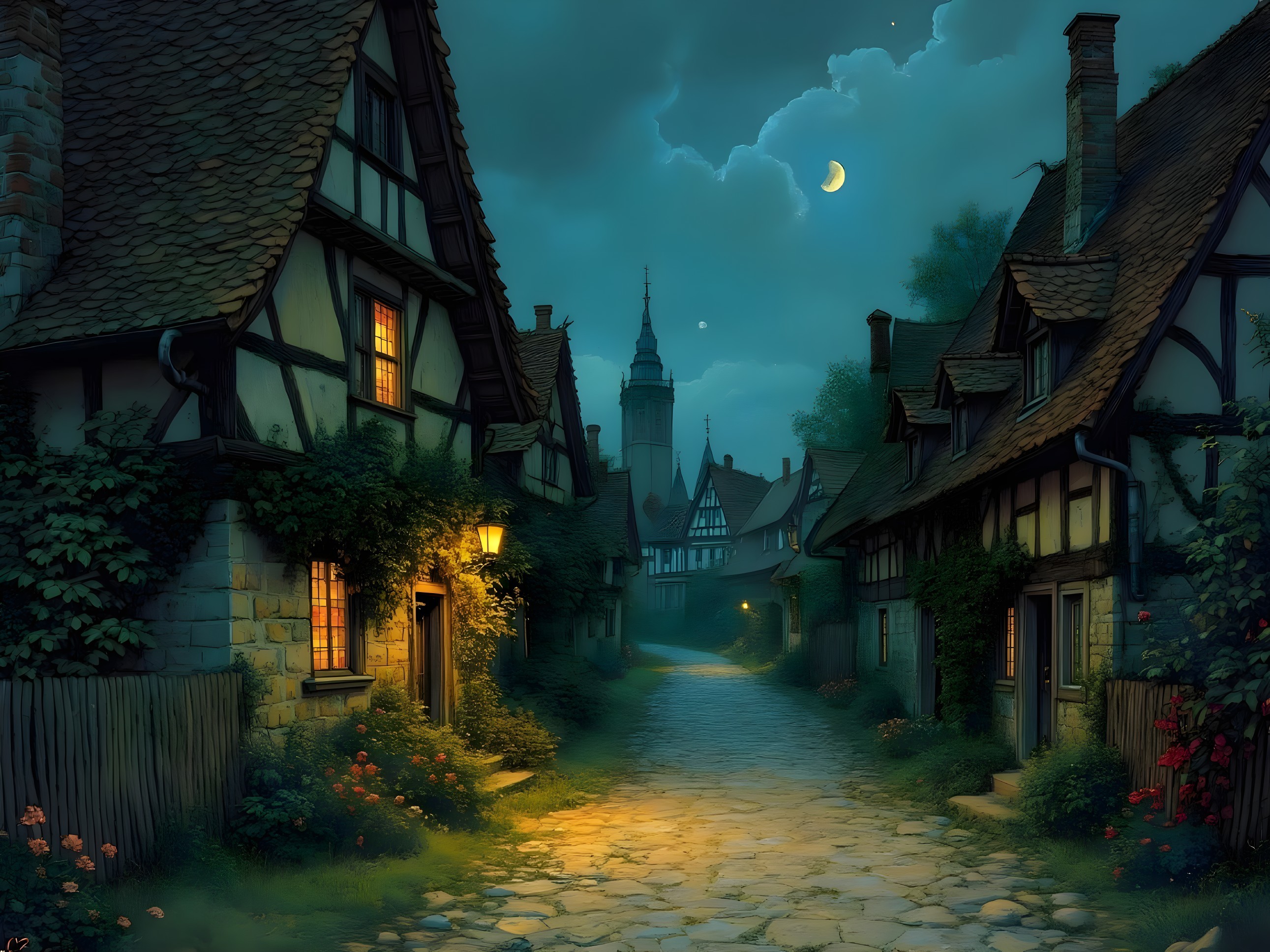 Twilight Village Street with Cozy Cottages and Moonlight