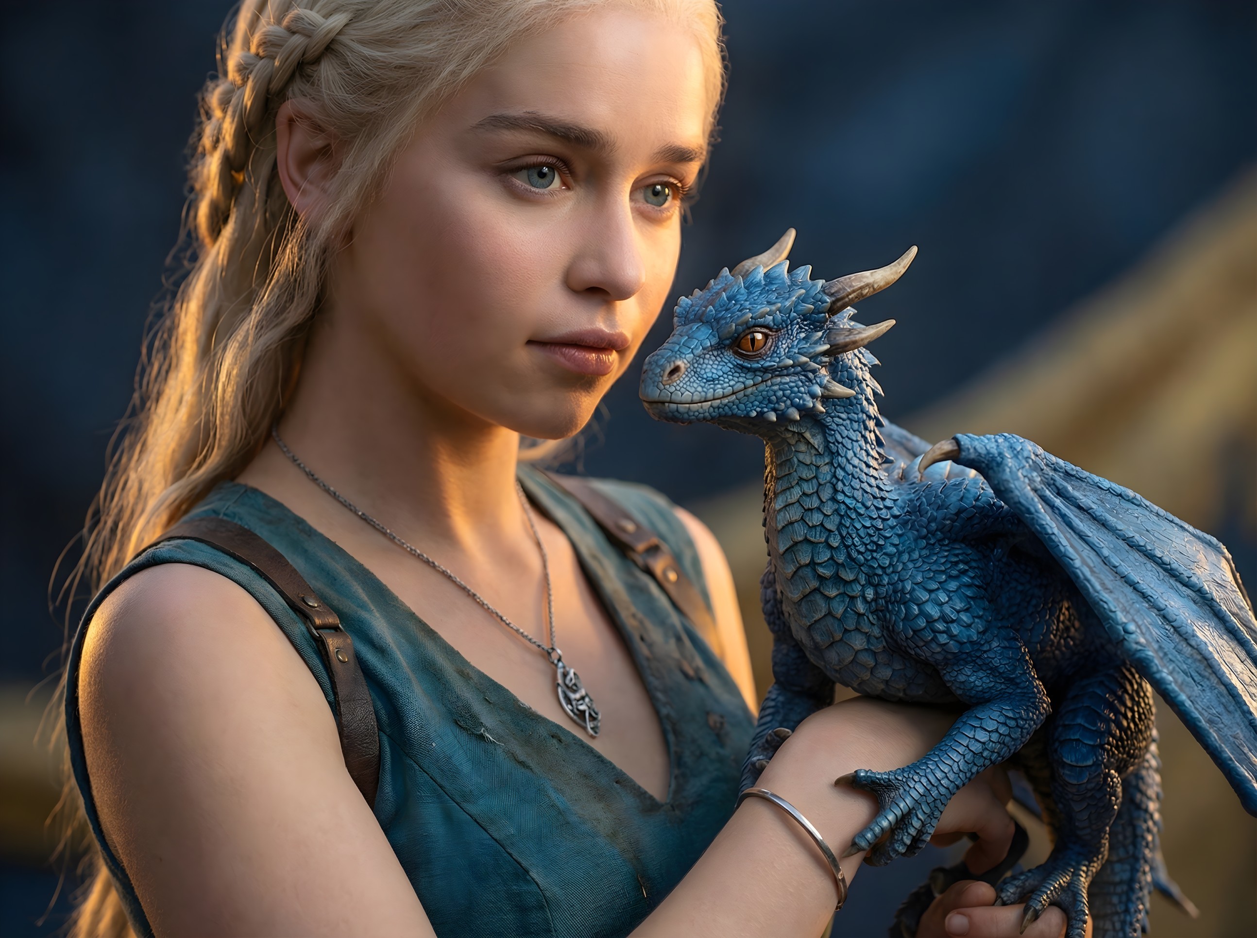 Close-up of a character with braided blonde hair and dragon