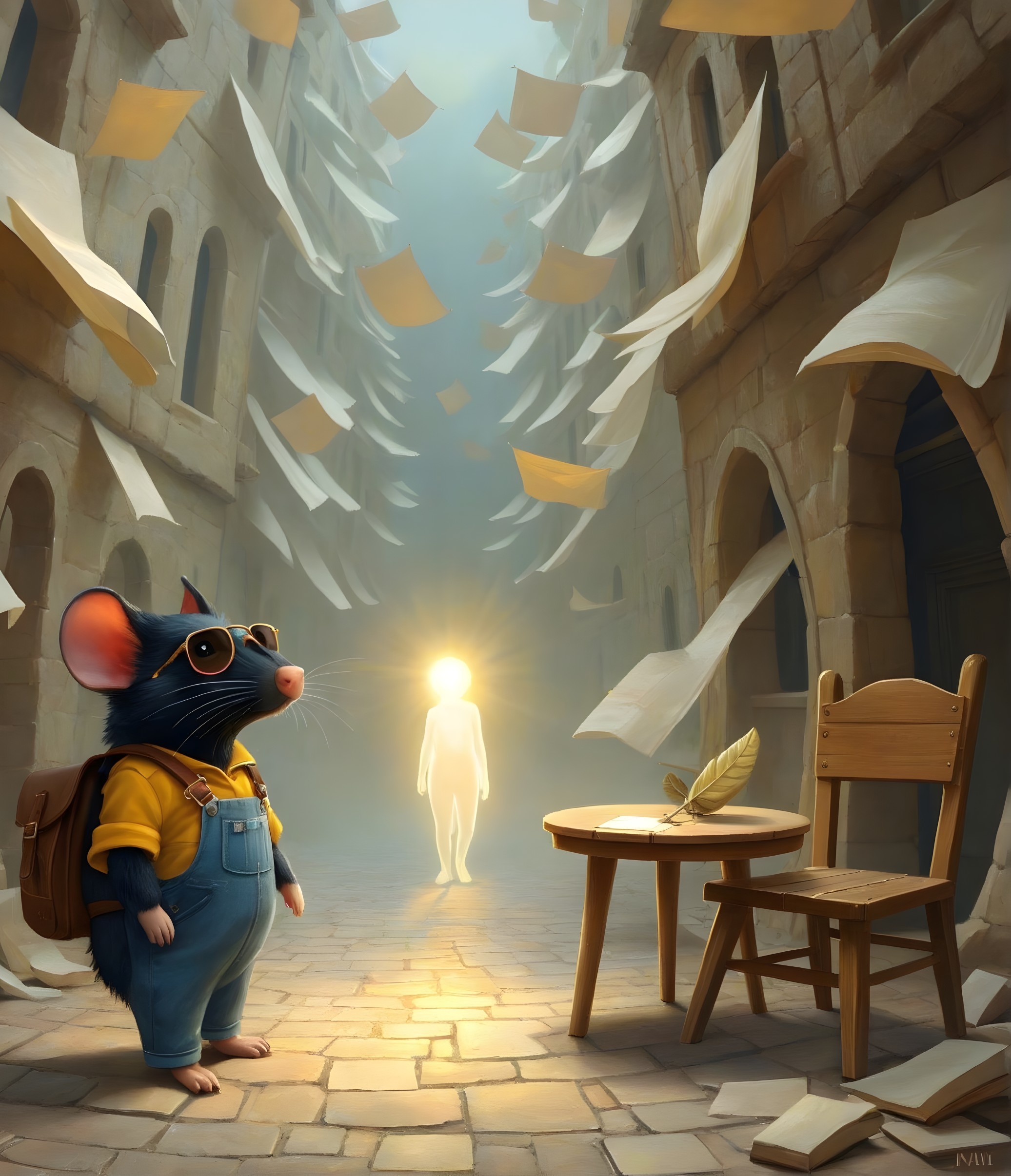Whimsical alleyway with a mouse and glowing figure
