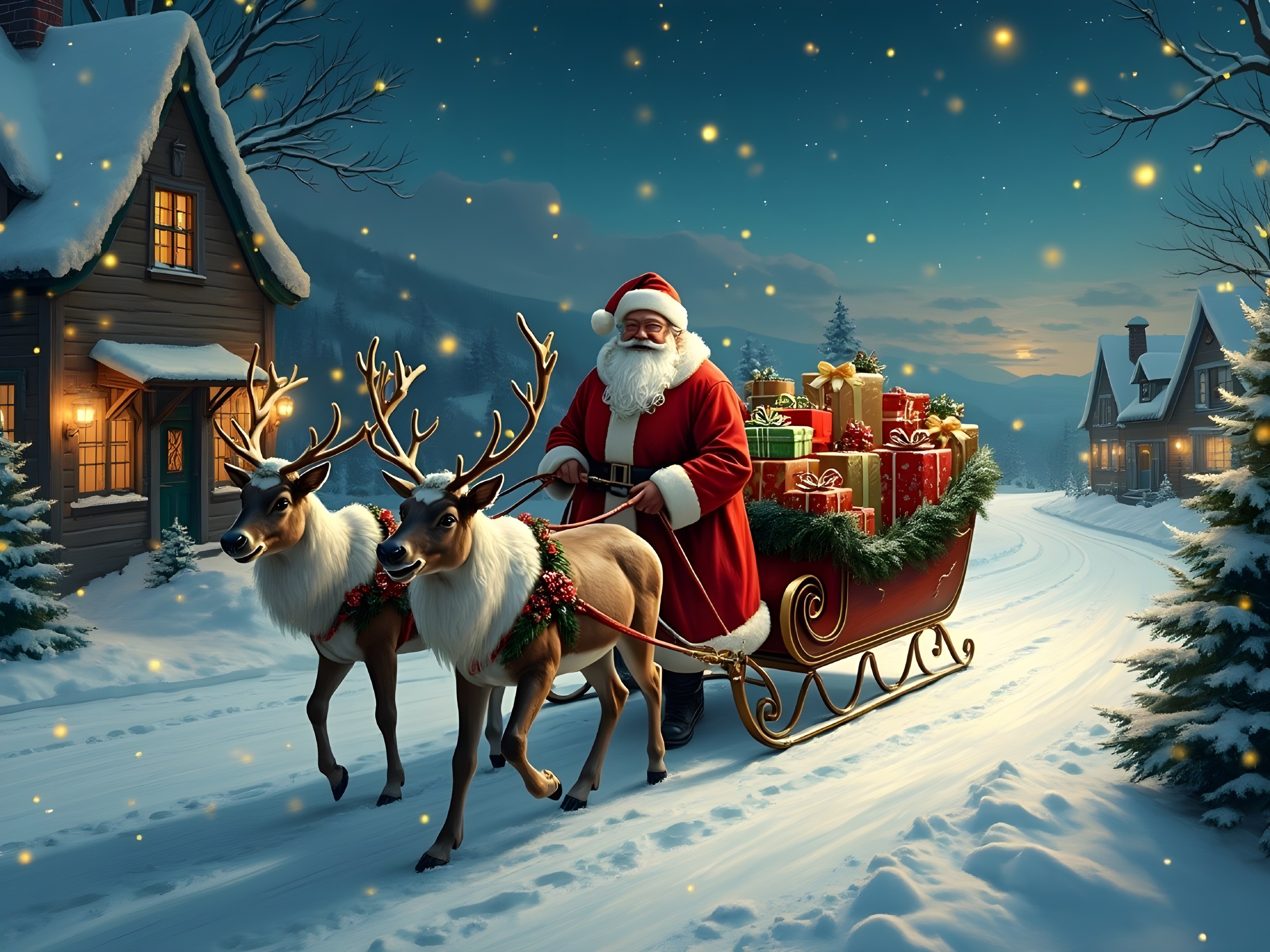 Santa Claus in a winter scene with reindeer and gifts