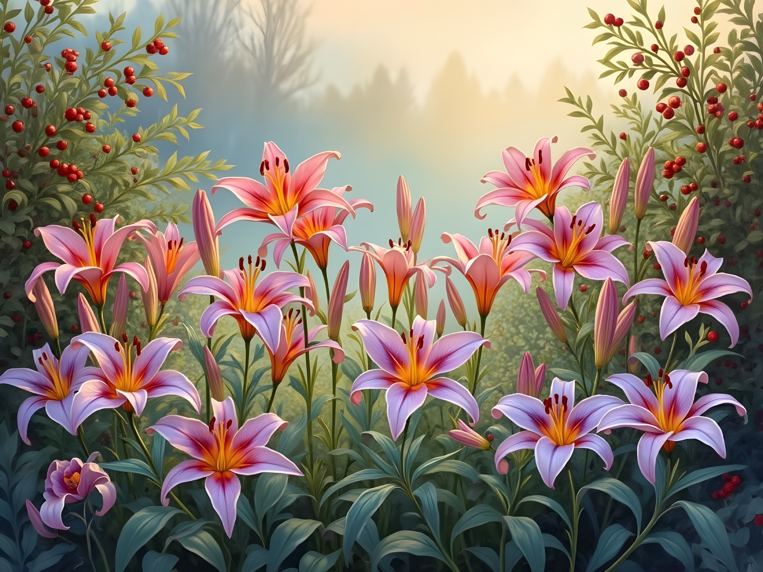 Vibrant Pink Lilies with Green Leaves and Red Berries
