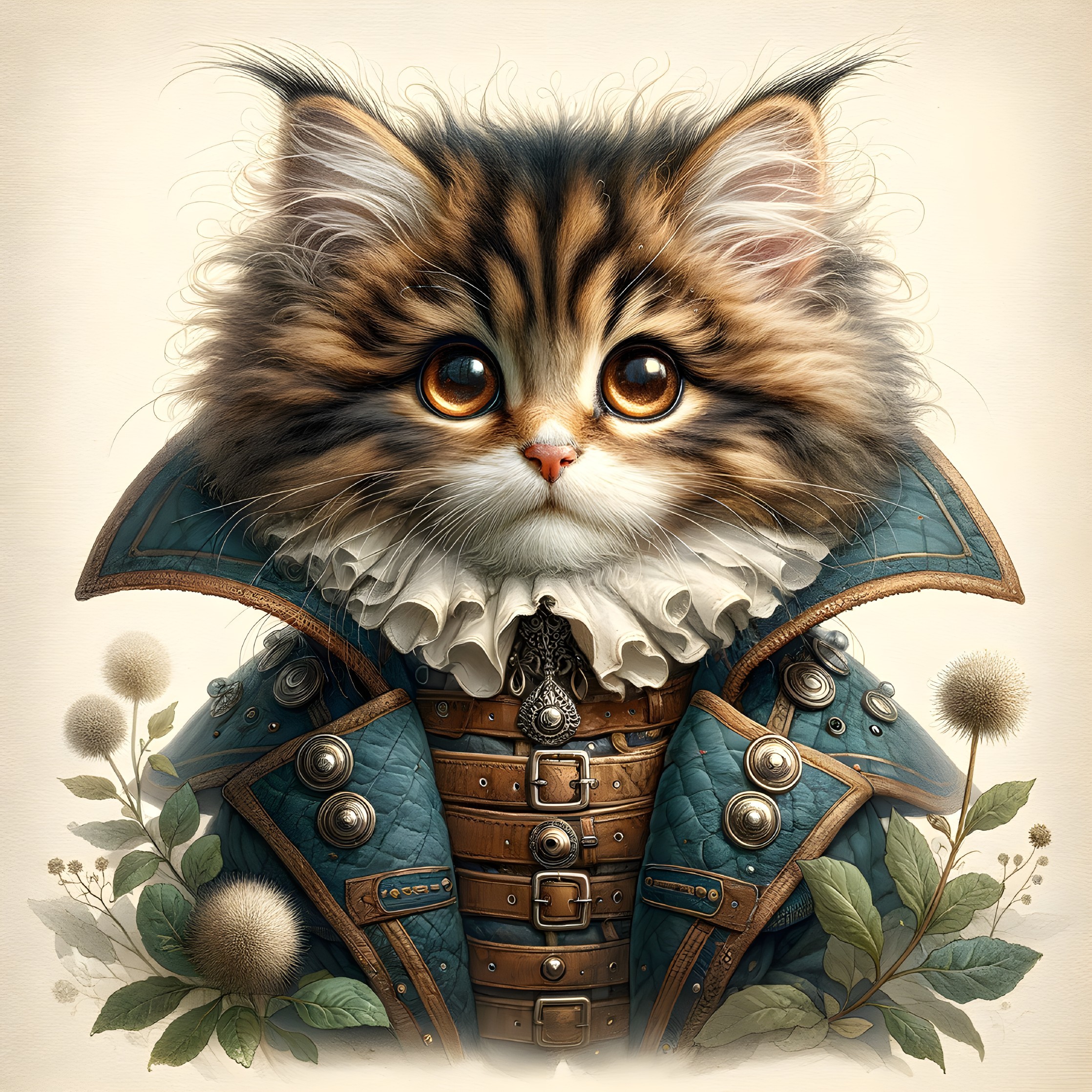 Fluffy Cat in Vintage Coat Surrounded by Plants