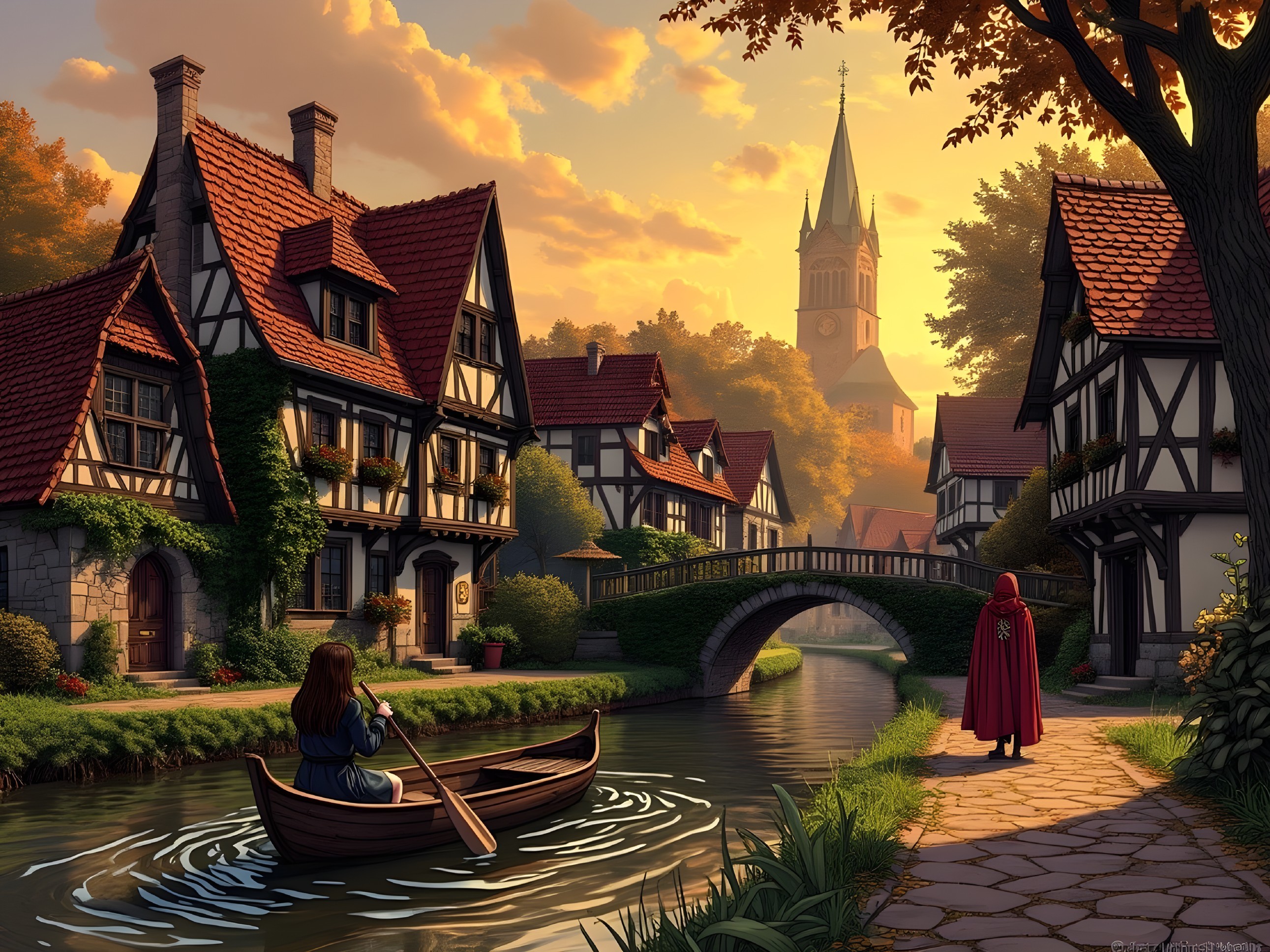 Picturesque Village Scene with Canal and Half-Timbered Houses