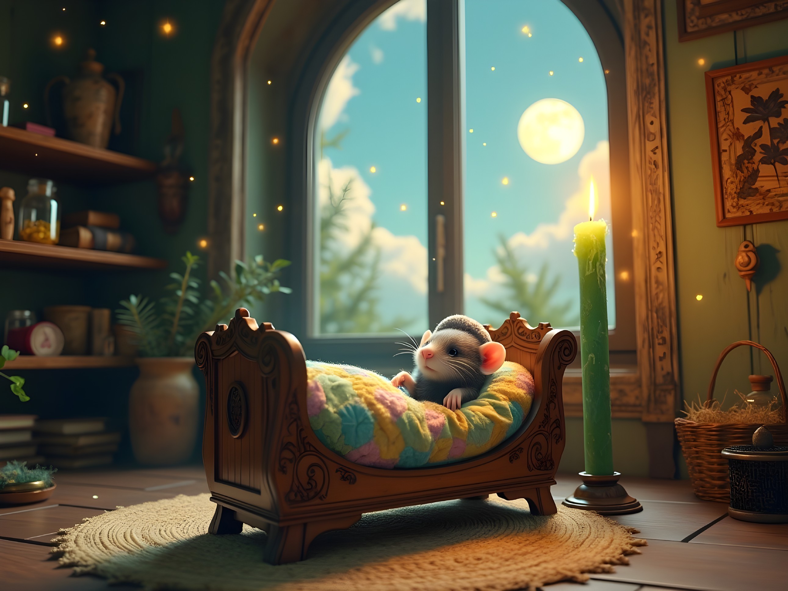 Cozy Room with Mouse in Wooden Bed and Moonlit Sky