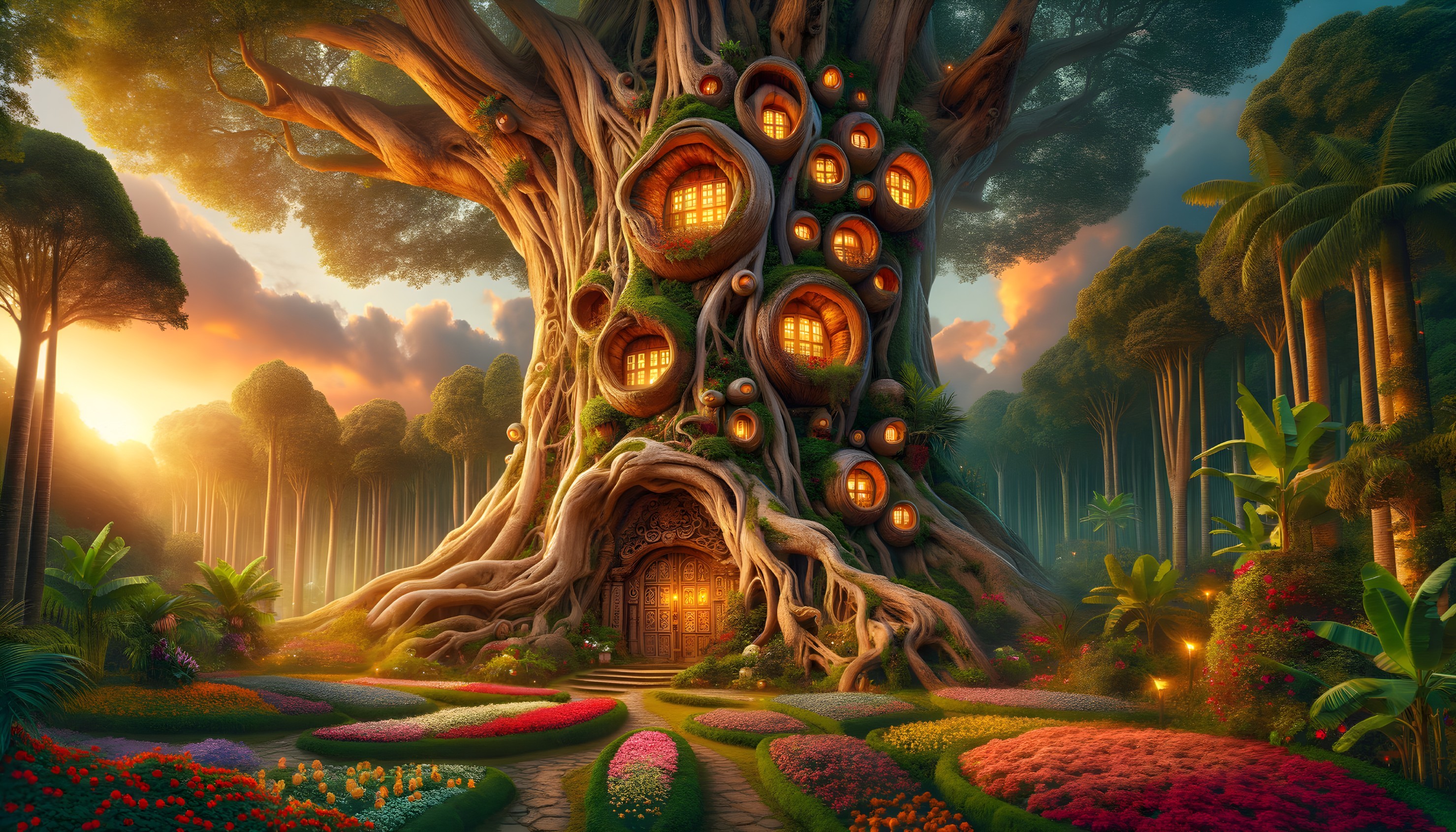 Majestic tree with house, gardens, and sunset sky