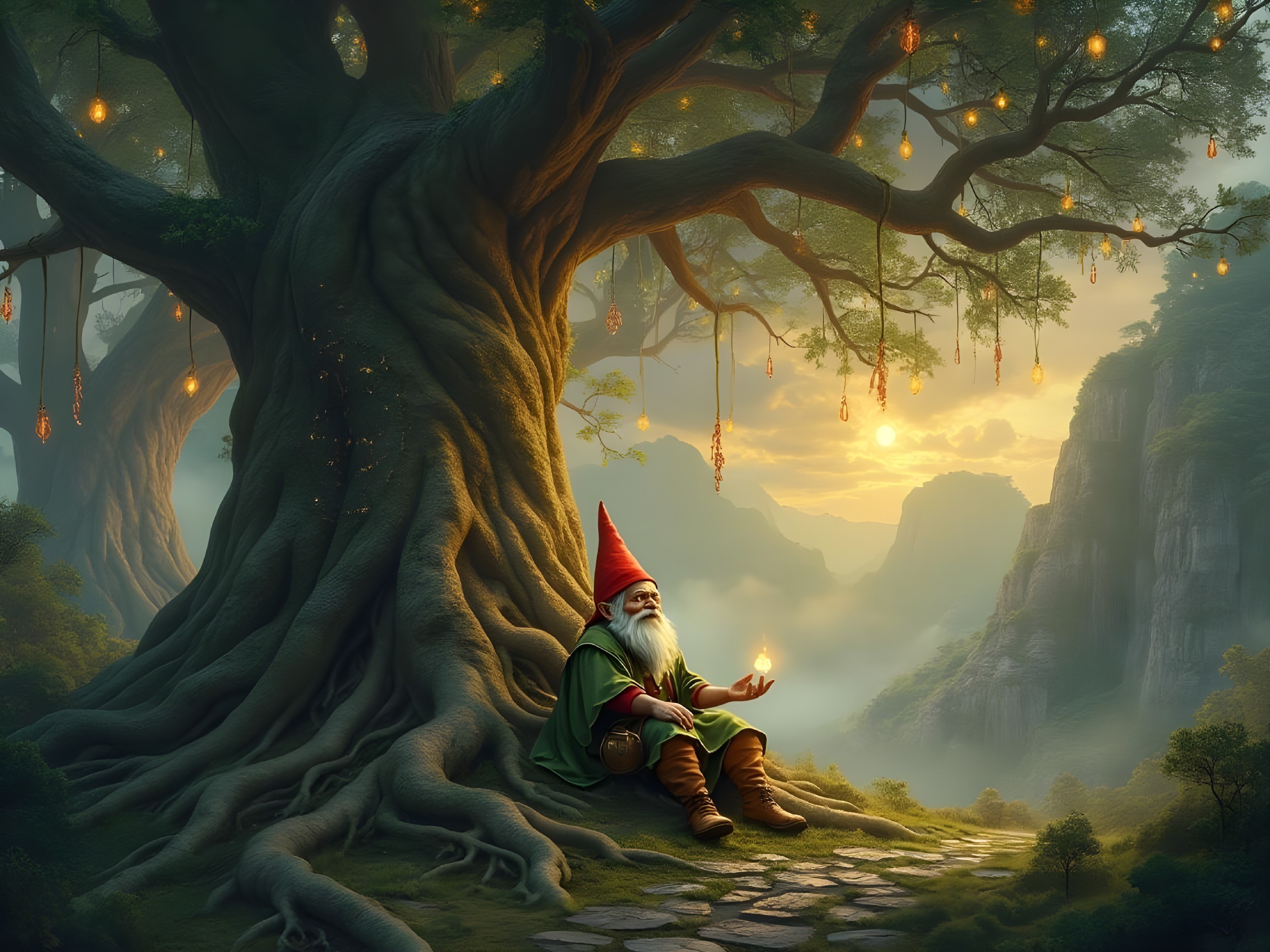 Gnome at Ancient Tree in Serene Forest Setting