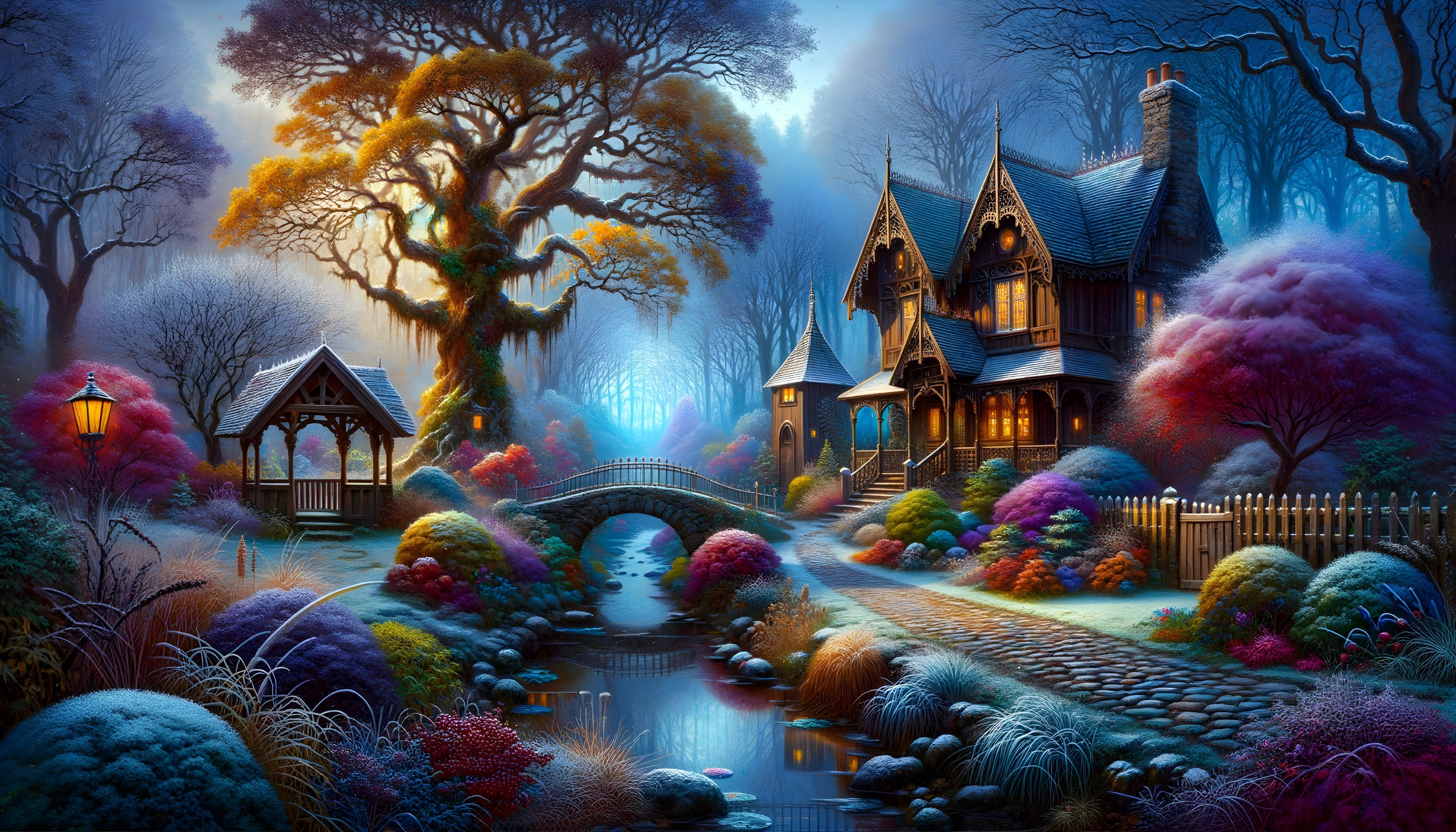 Gothic House in Autumn Landscape with Bridge and Gazebo