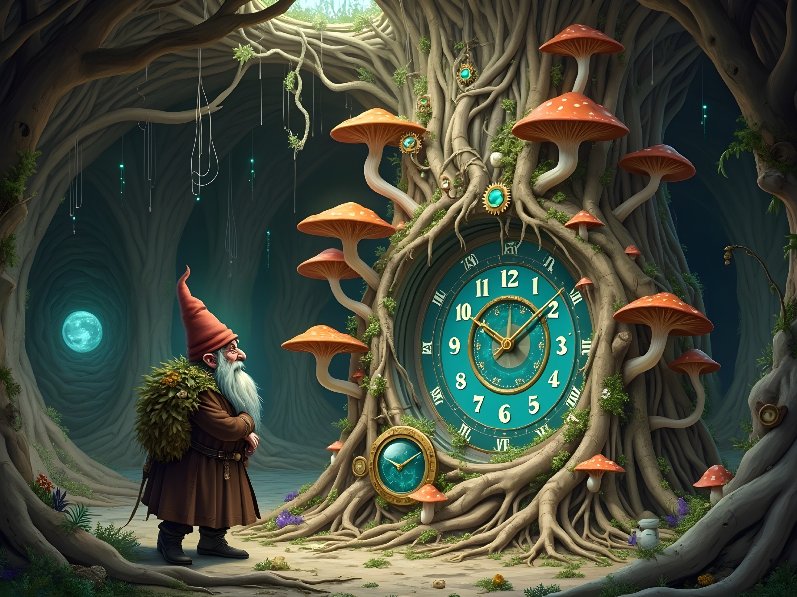 Gnome with Clock in Whimsical Forest Setting