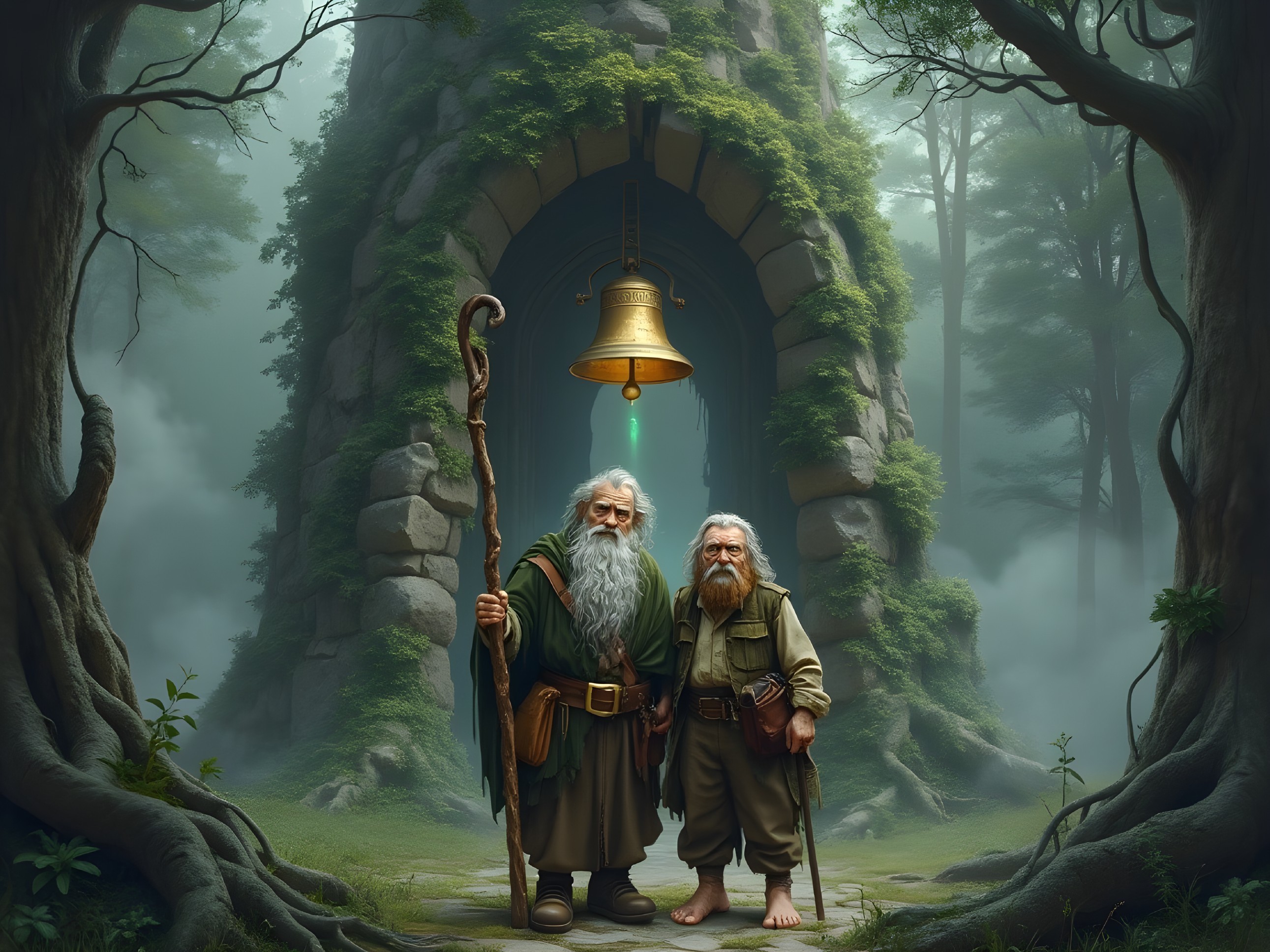 Wise Men at an Ancient Archway in a Mystical Forest
