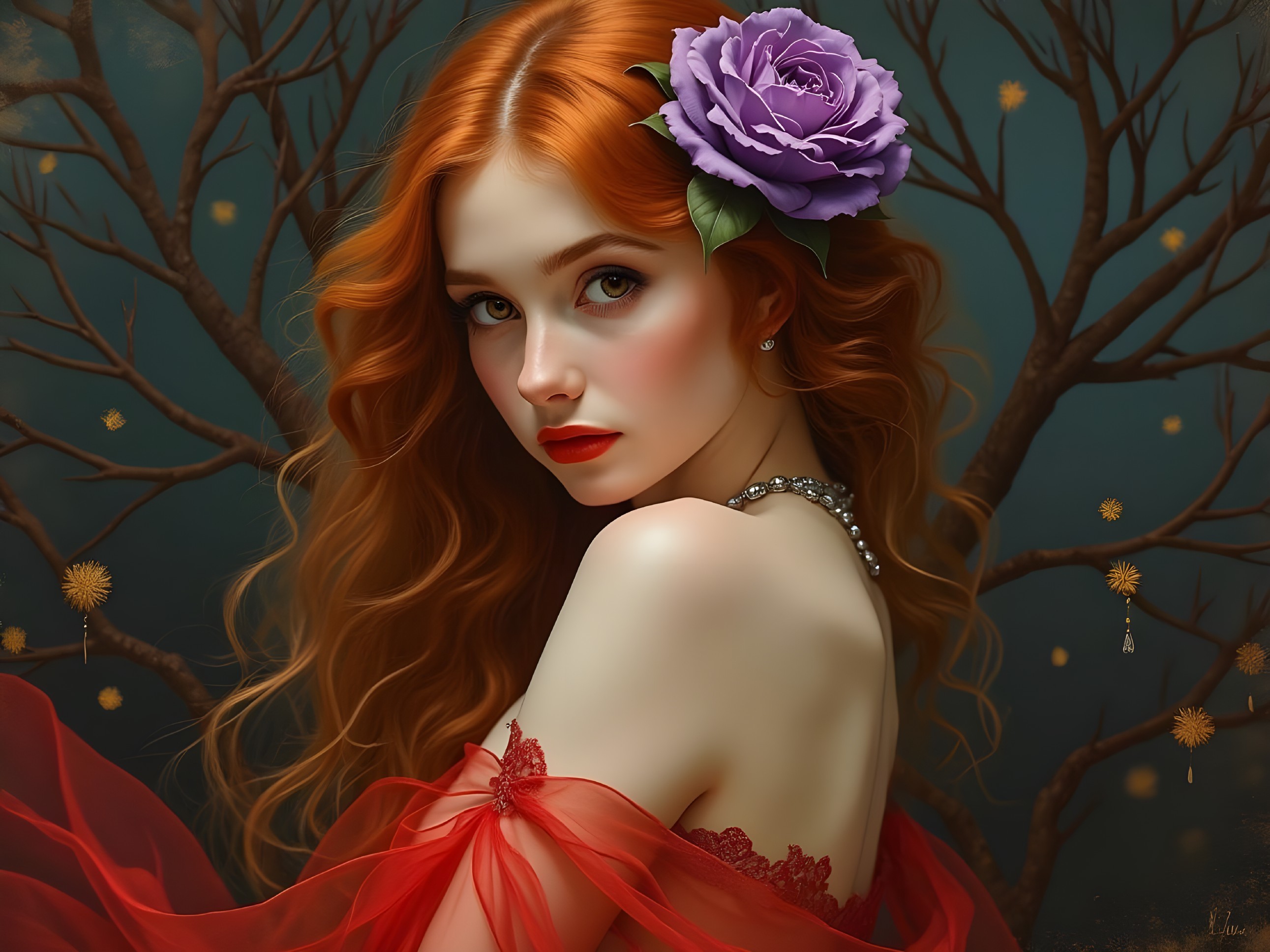 Young woman with red hair and purple rose in gown