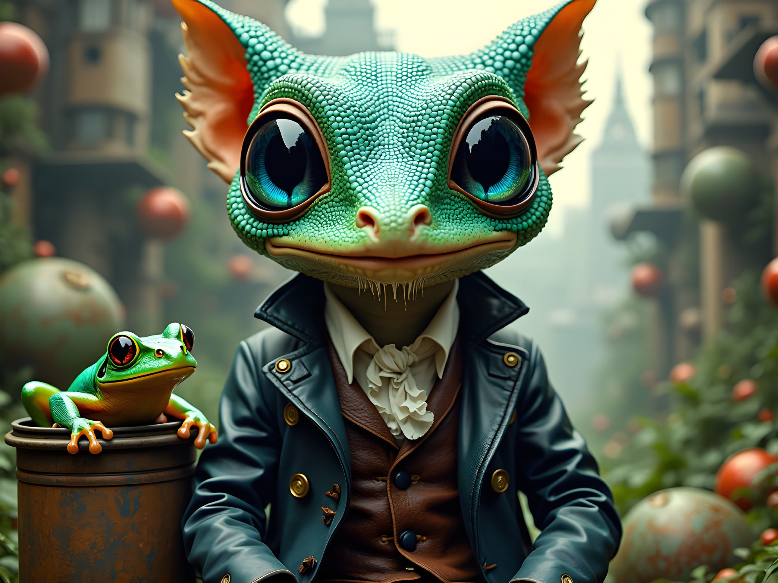 Frog Fashion in a Fantastical Cityscape