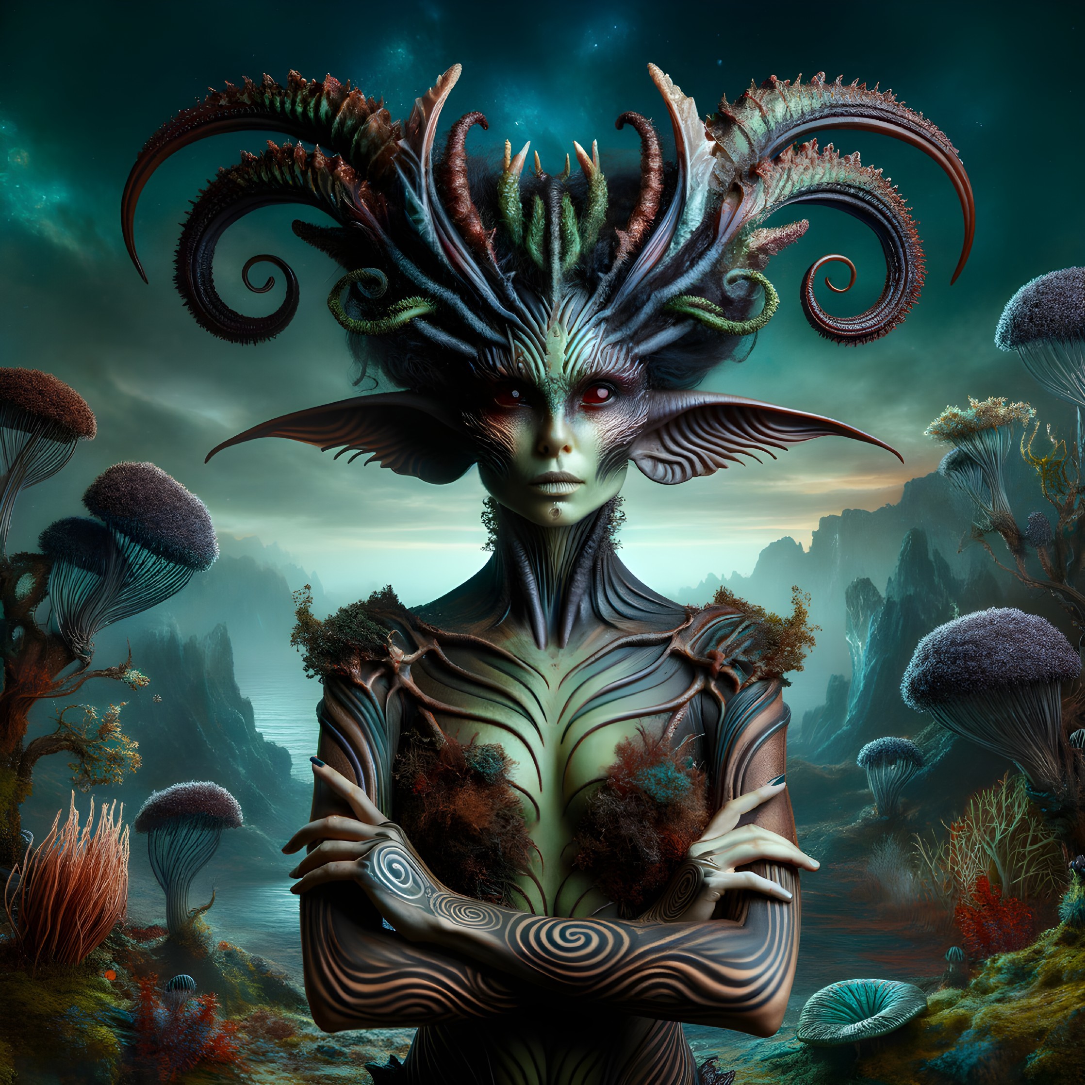 Surreal Underwater Figure with Coral Horns and Flora