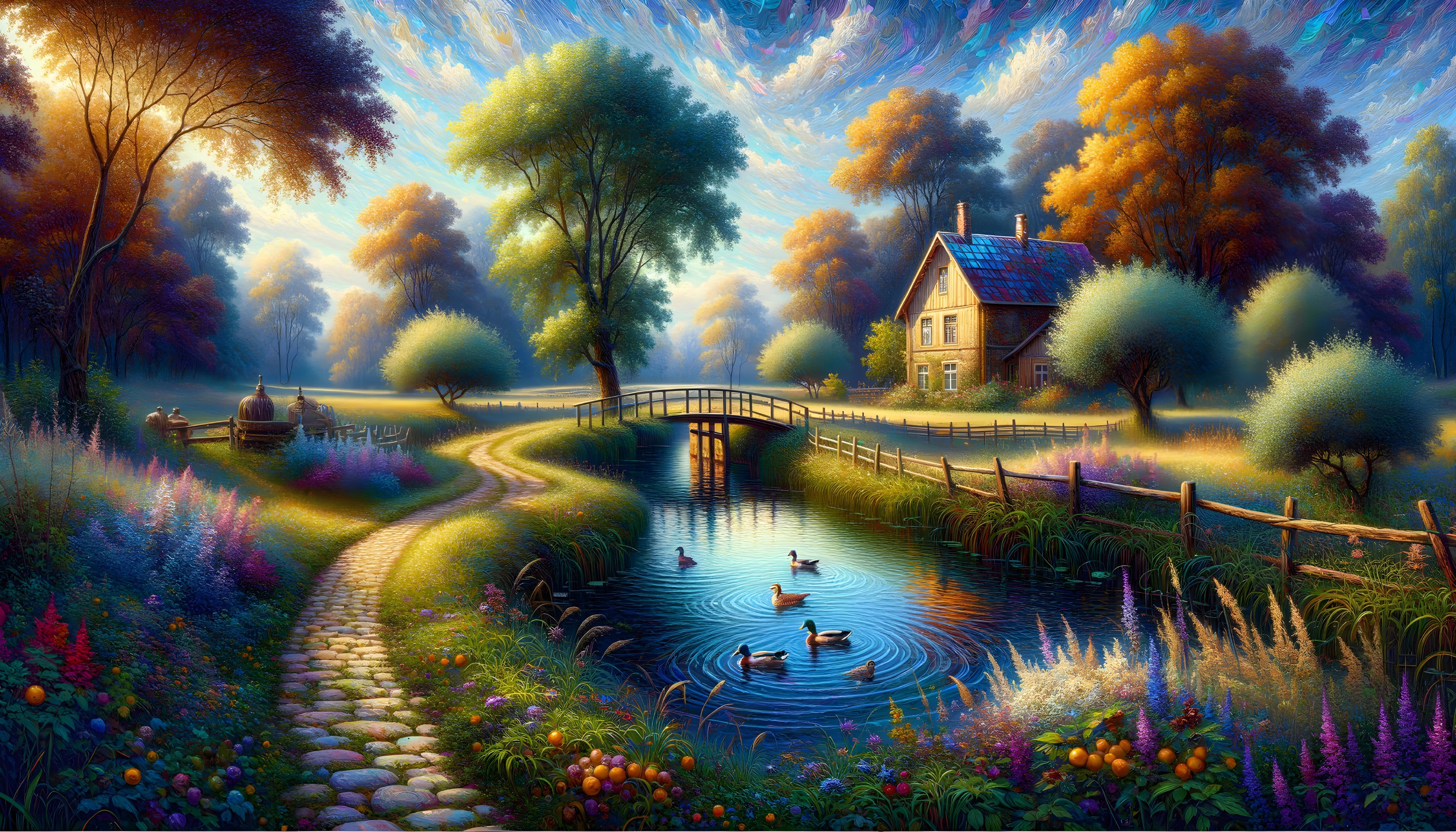 Charming Countryside Scene with House and Pond