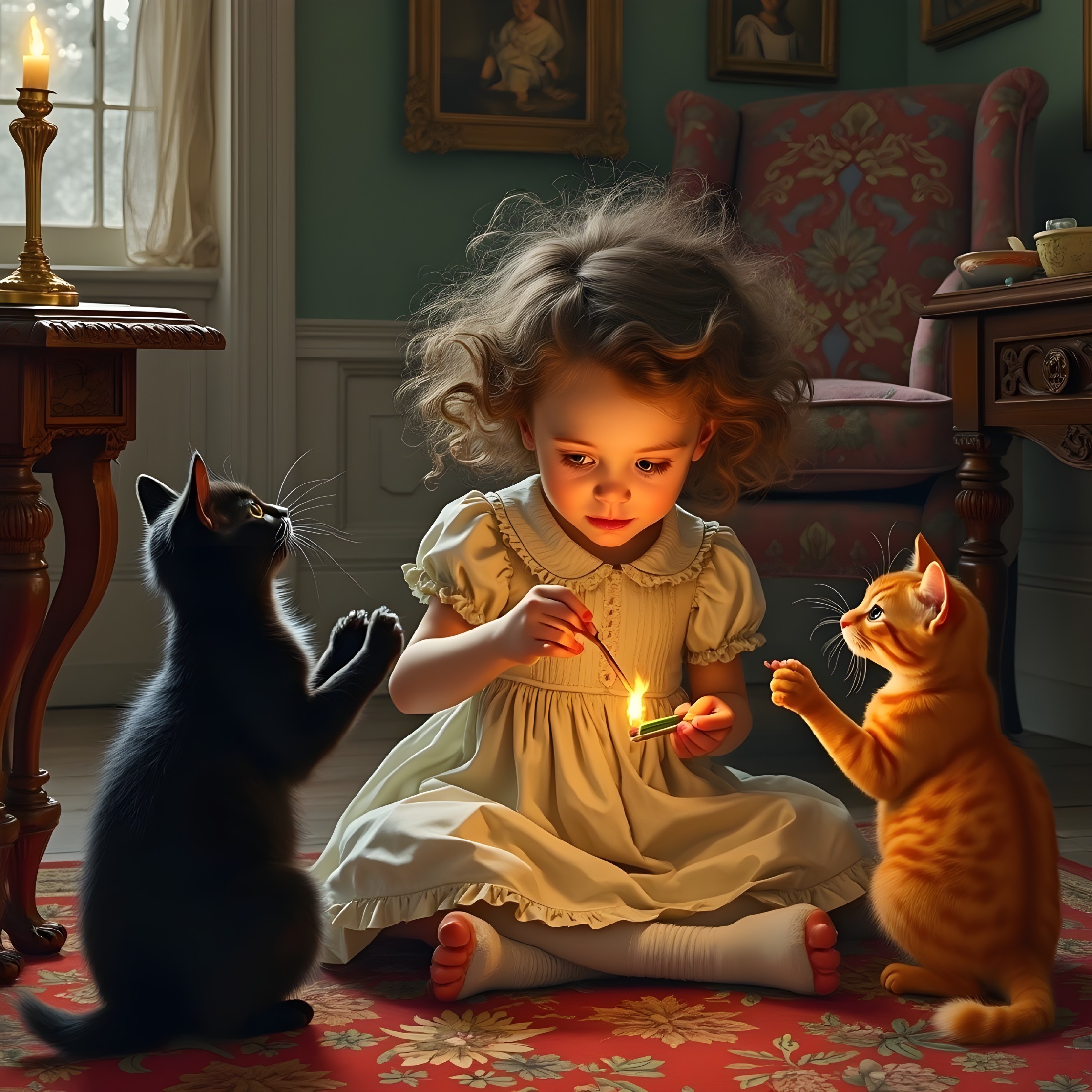 Young Girl with Candle and Playful Cats in Cozy Room