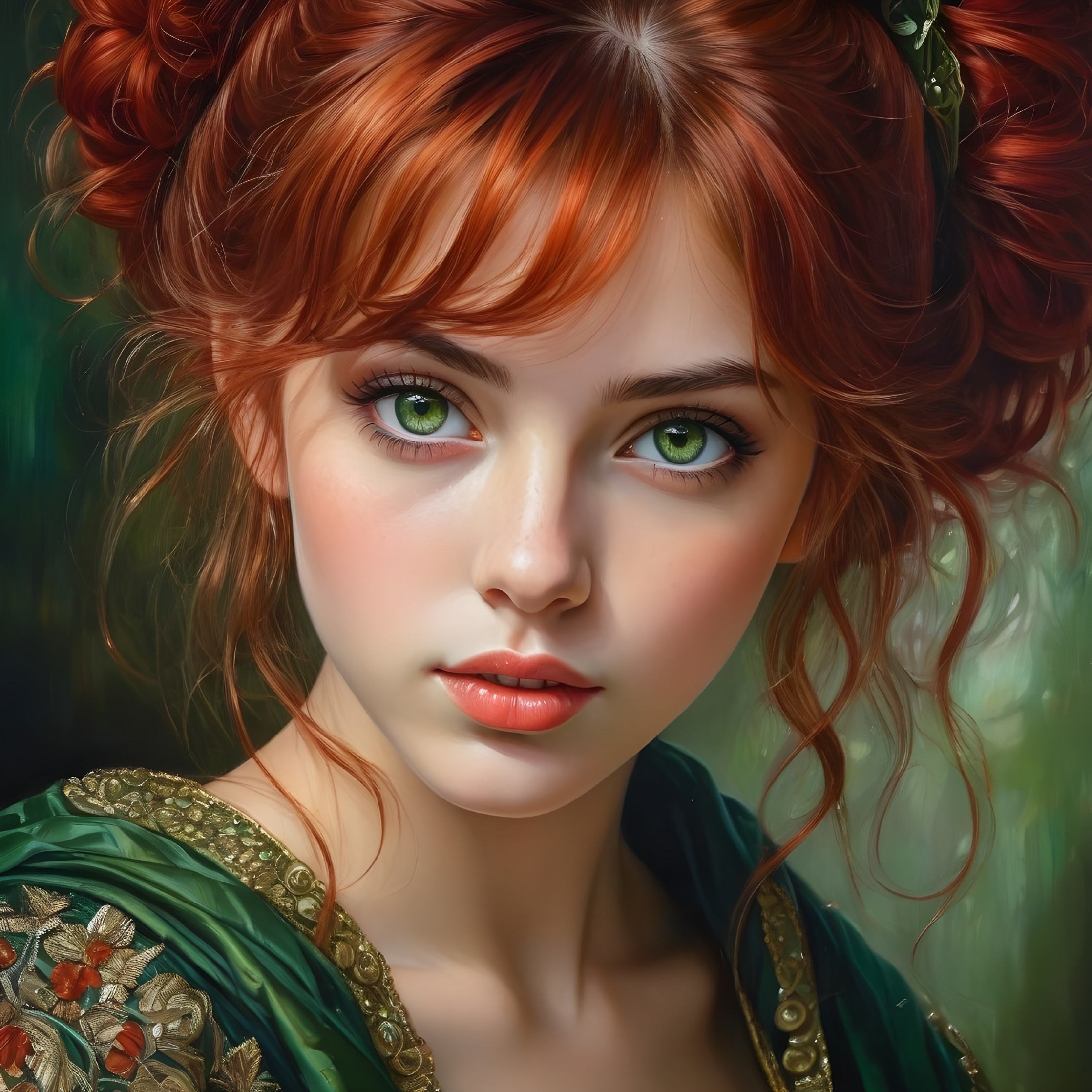 Young woman with red hair in elegant green attire