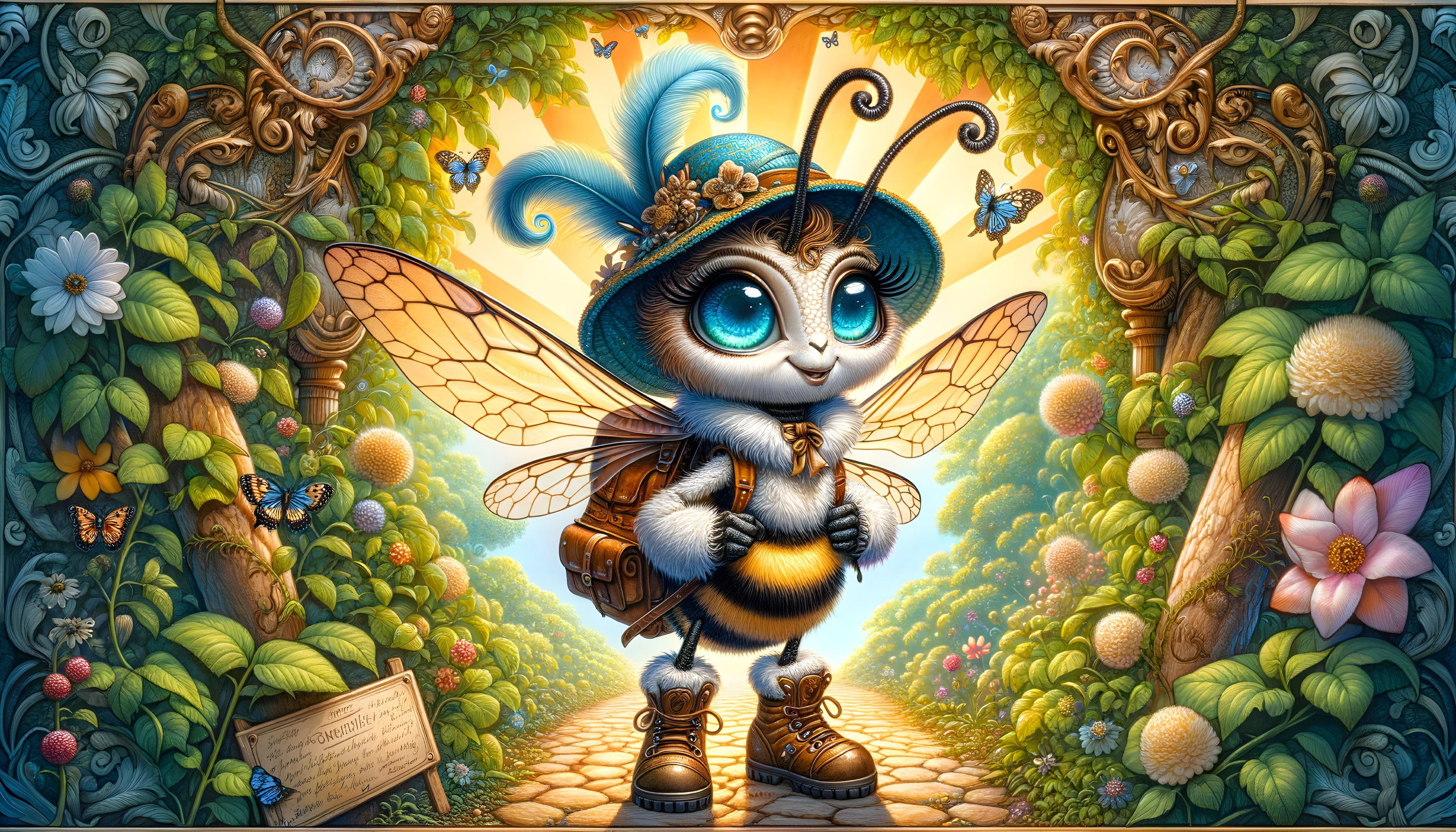 Cartoonish Bee in a Colorful Garden Setting