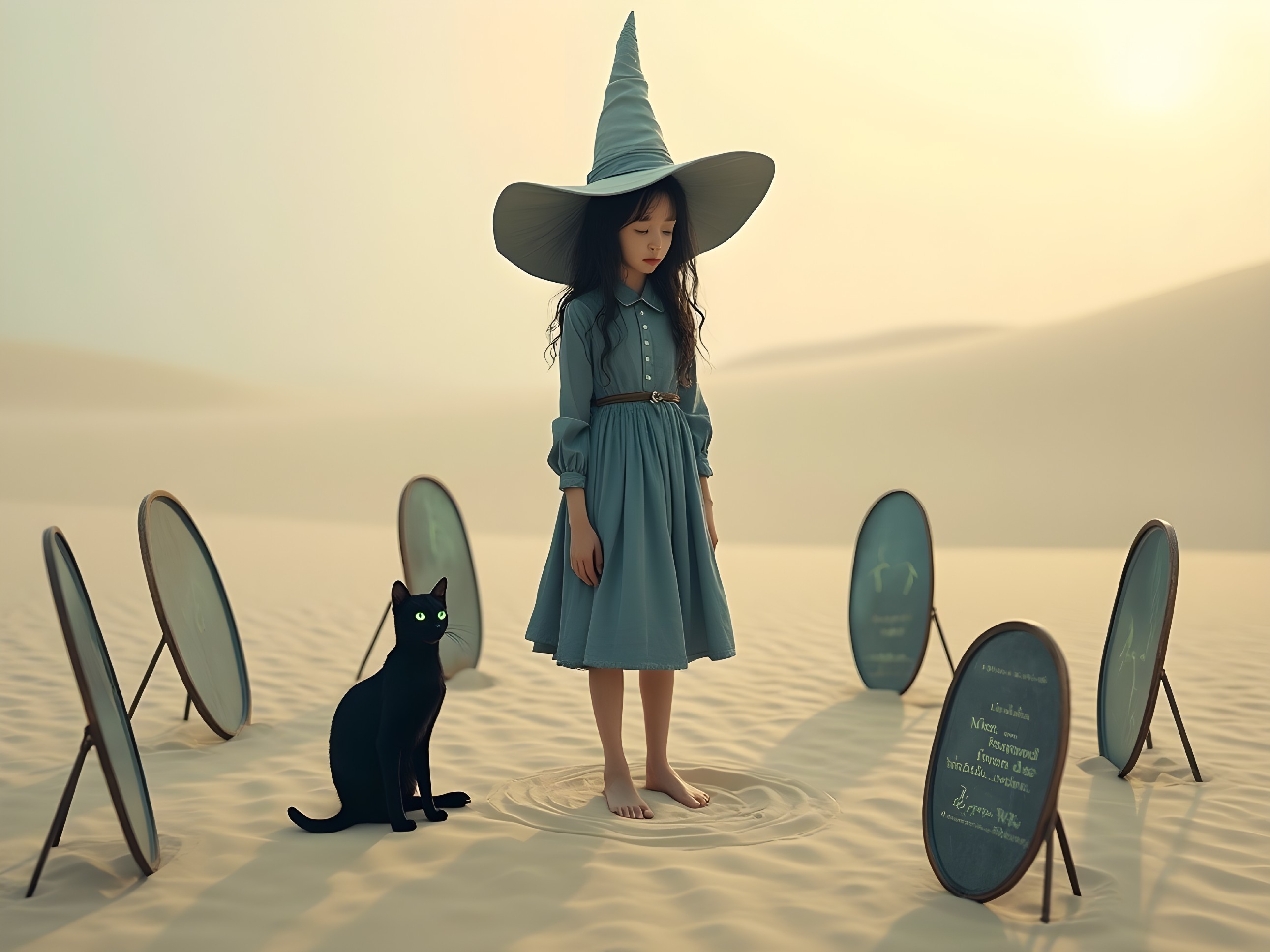 Young girl in blue dress with cat in desert scene