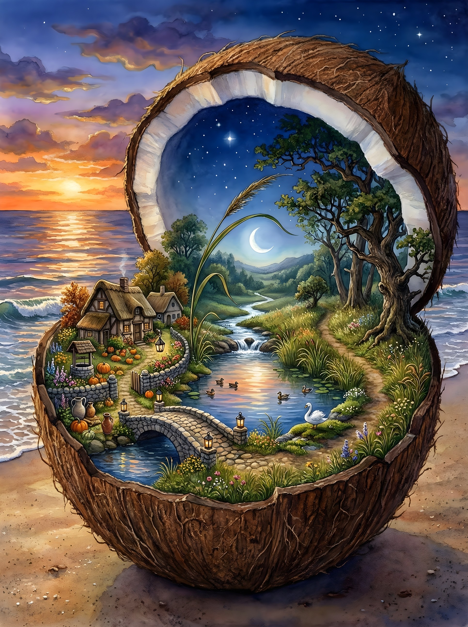 Surreal Fairytale Scene Inside a Split Coconut