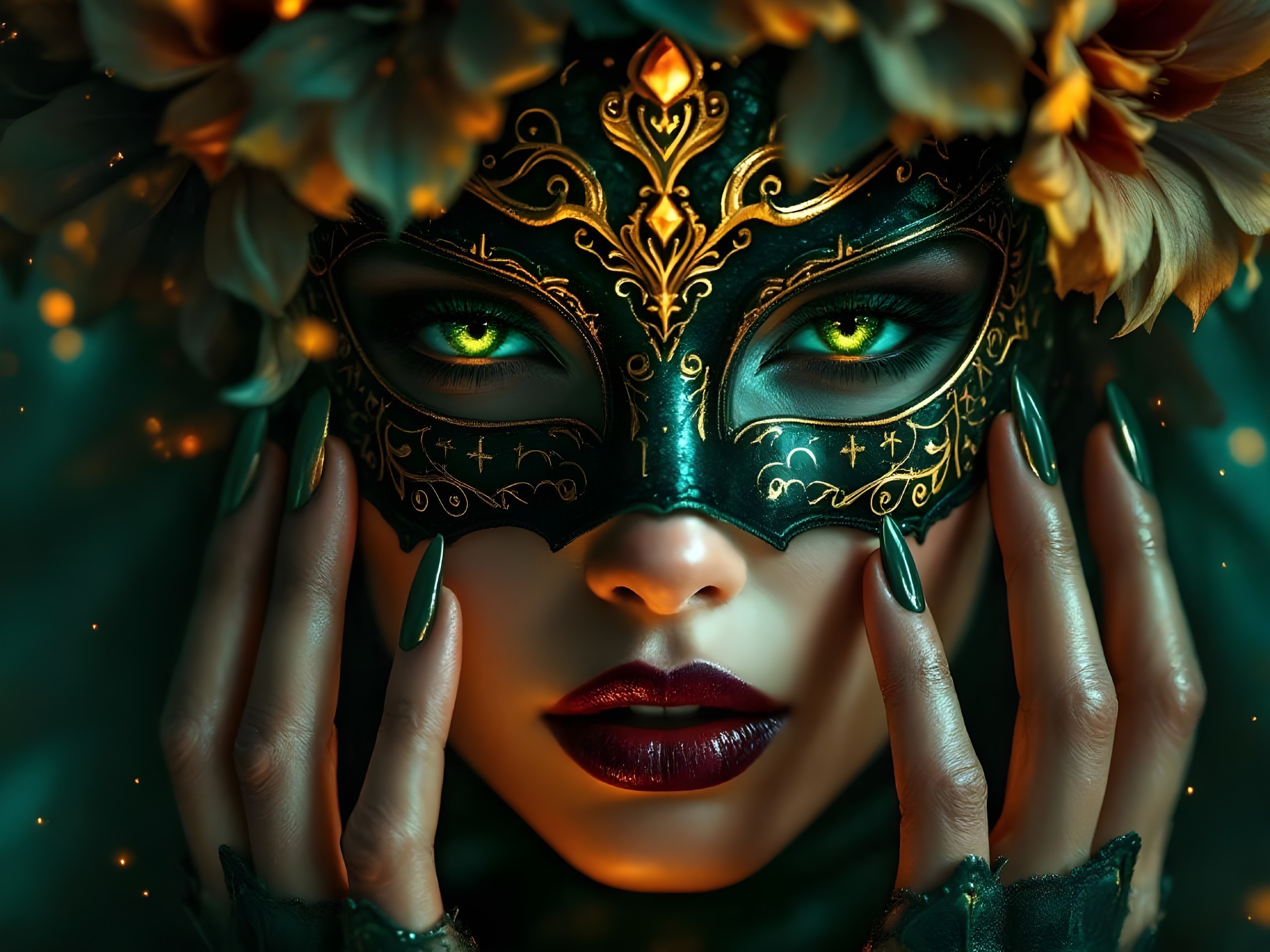 Mysterious figure with ornate mask and glowing lights