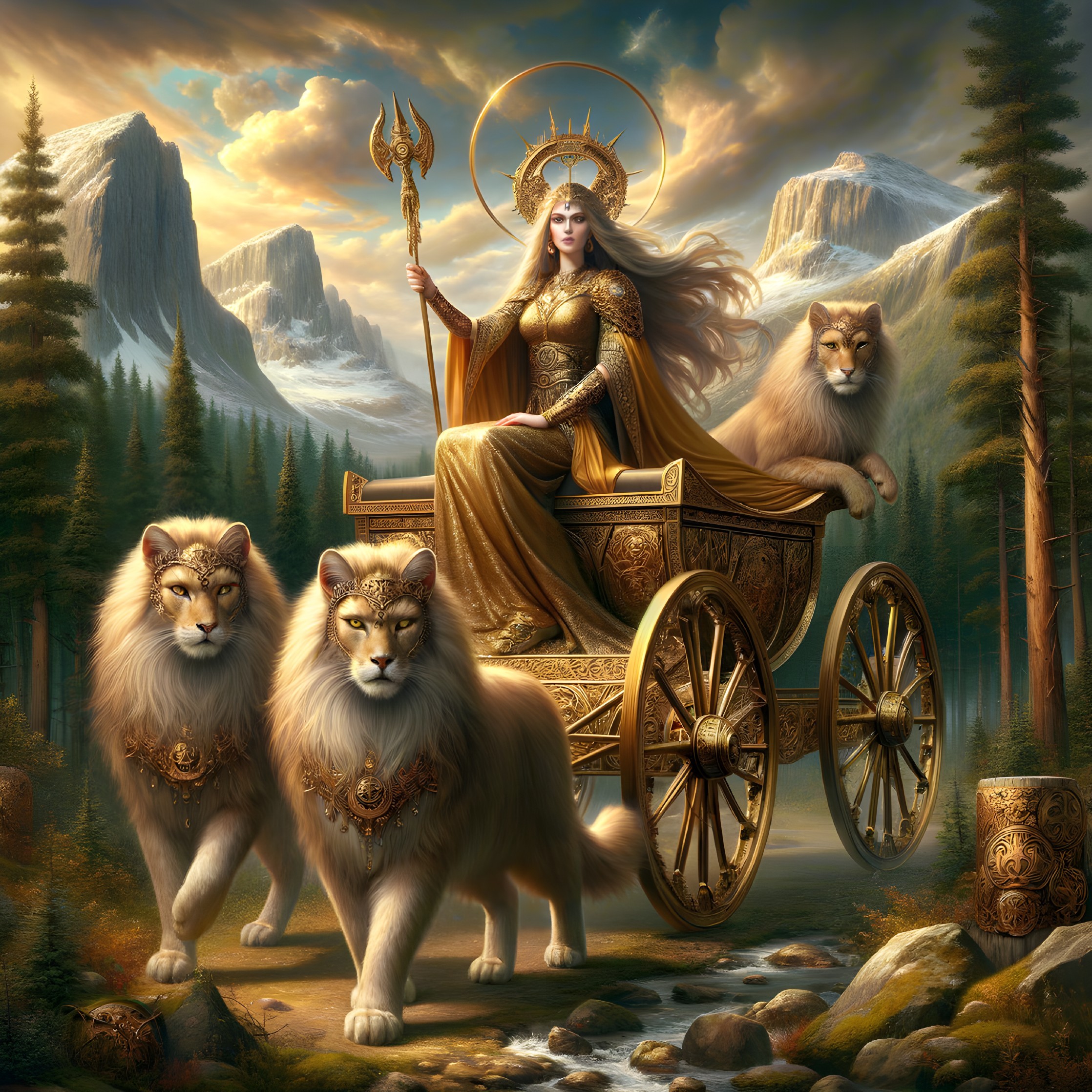 Regal Figure in Golden Attire on Lion-Pulled Chariot