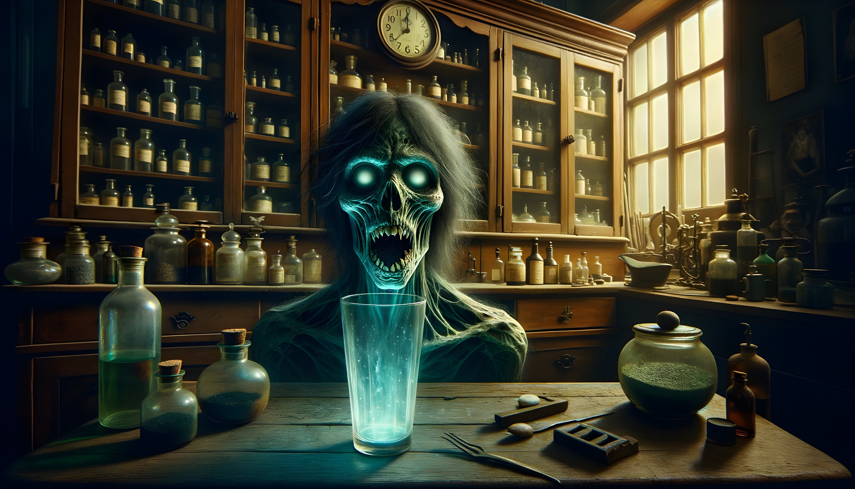 Skeletal Figure in Dimly Lit Apothecary Setting