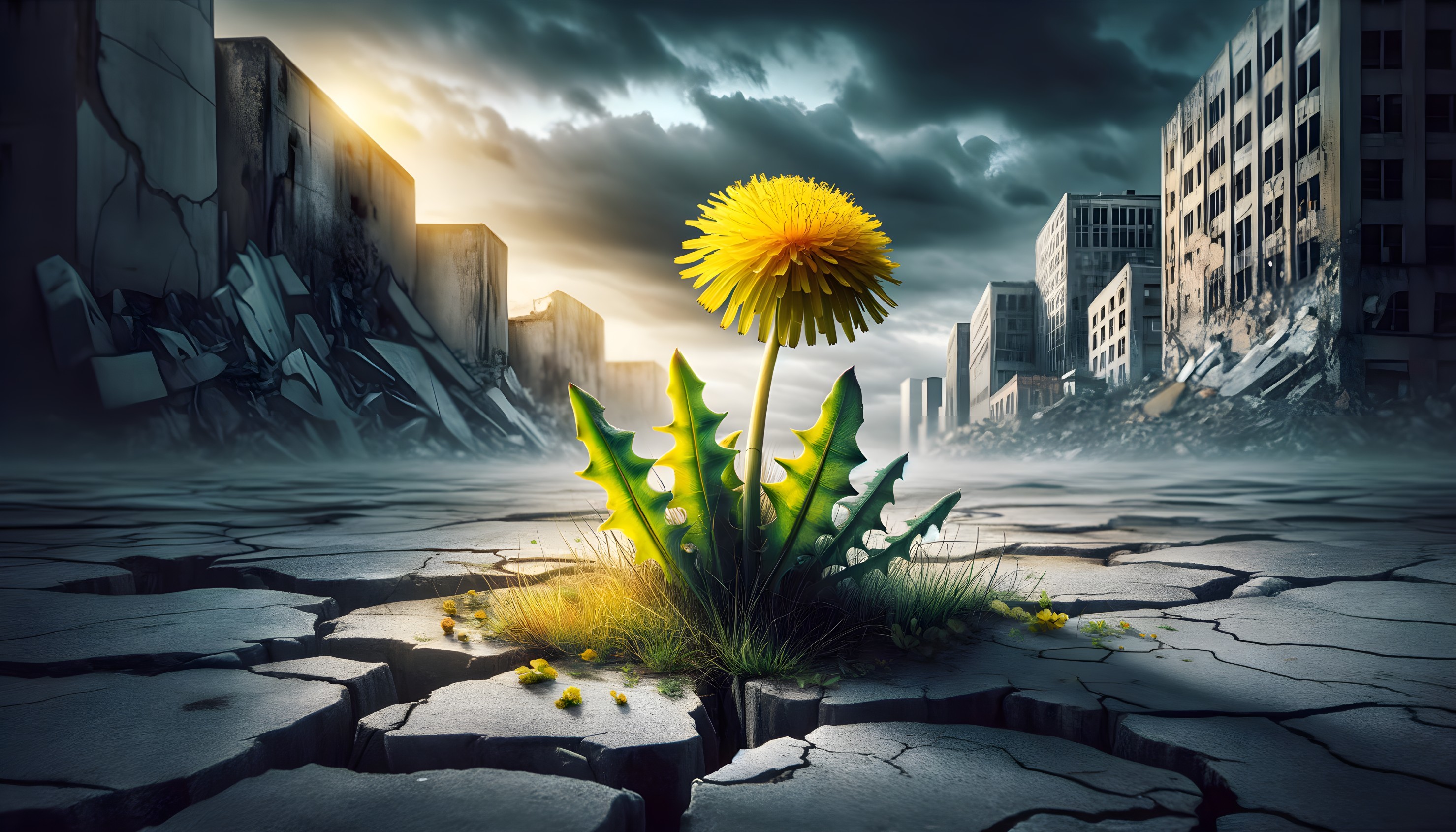 Dandelion and Green Leaves in Urban Ruins