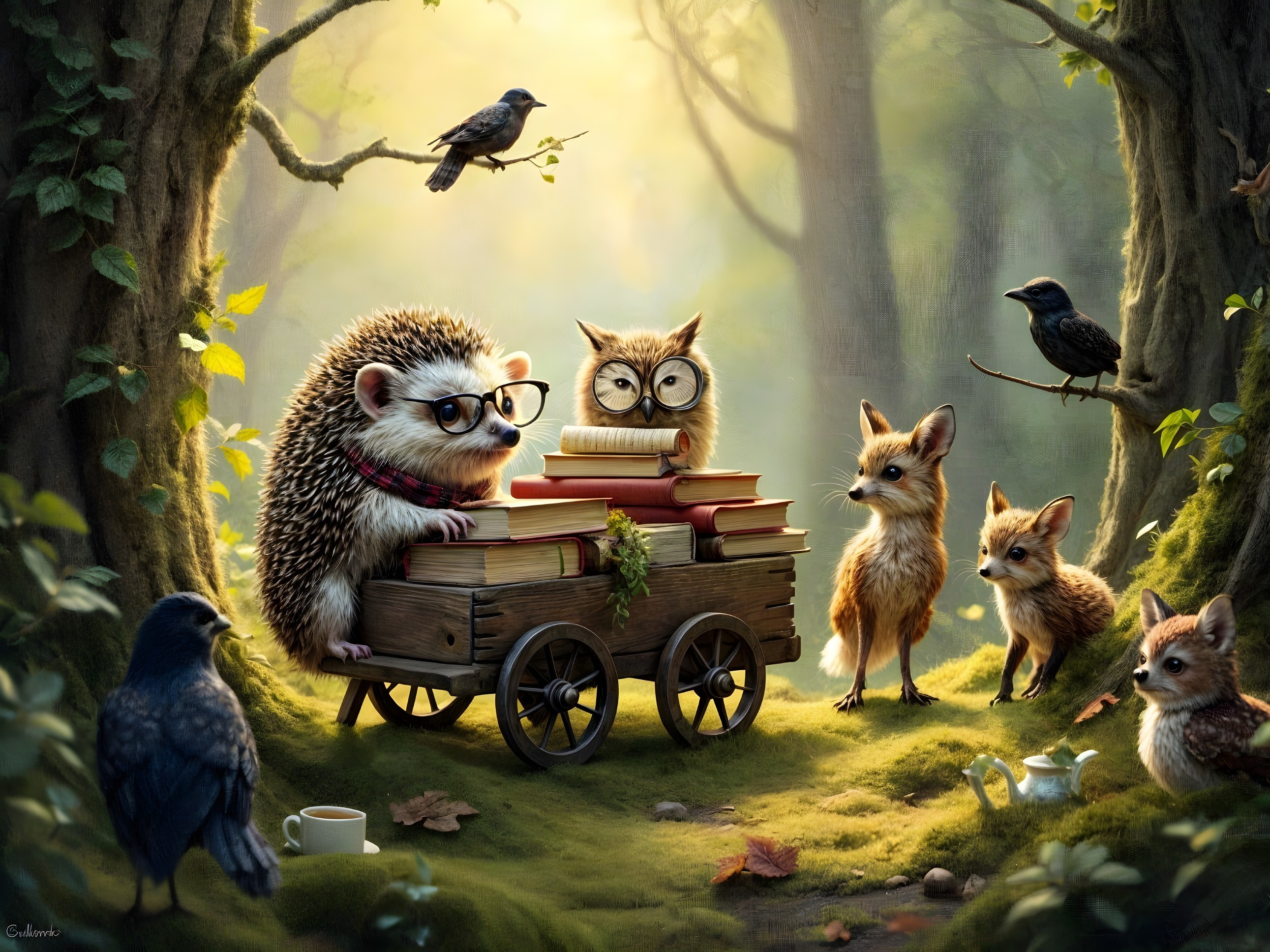 Hedgehog with Glasses and Owl in Whimsical Forest