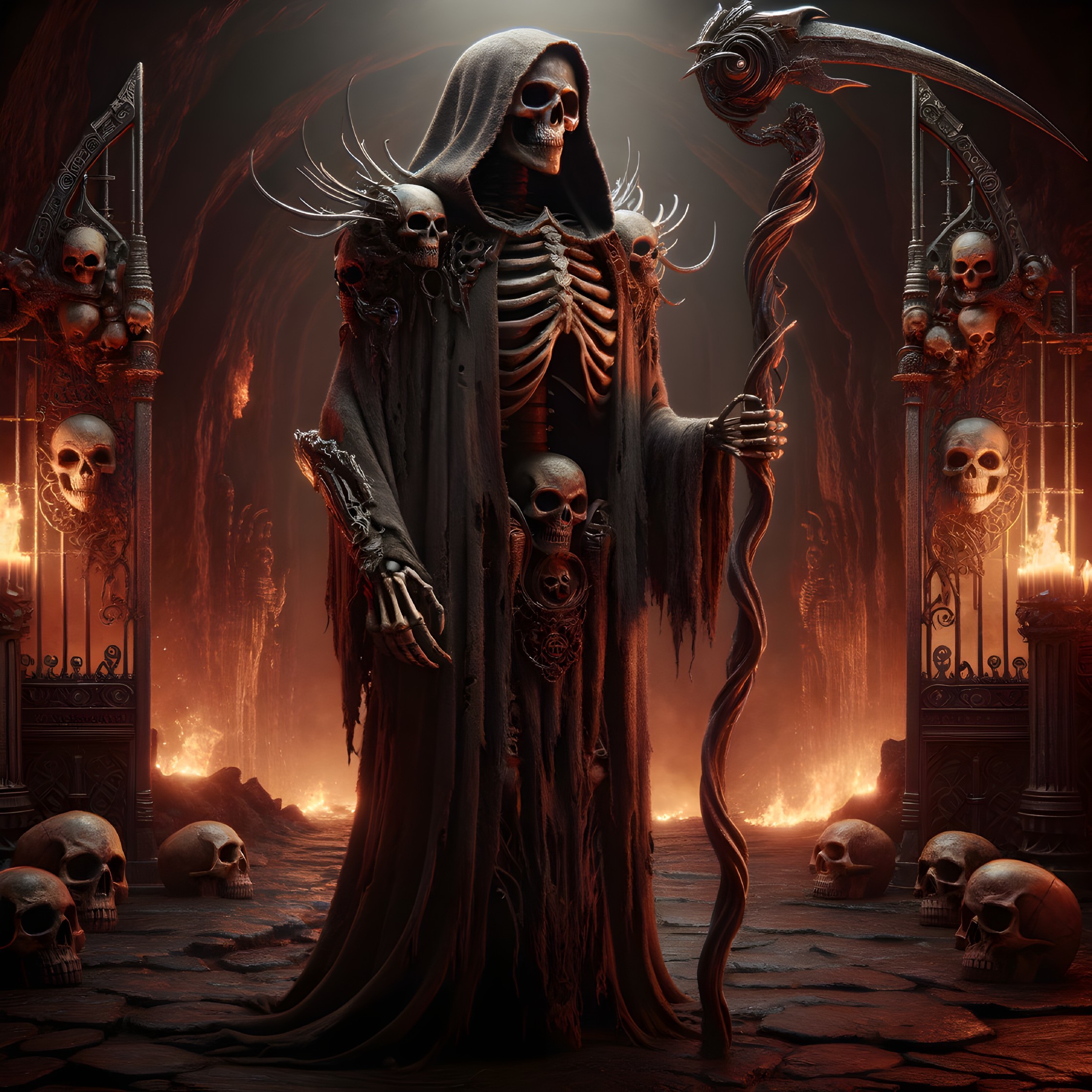 Menacing Figure in Dark Robe in Candle-Lit Chamber
