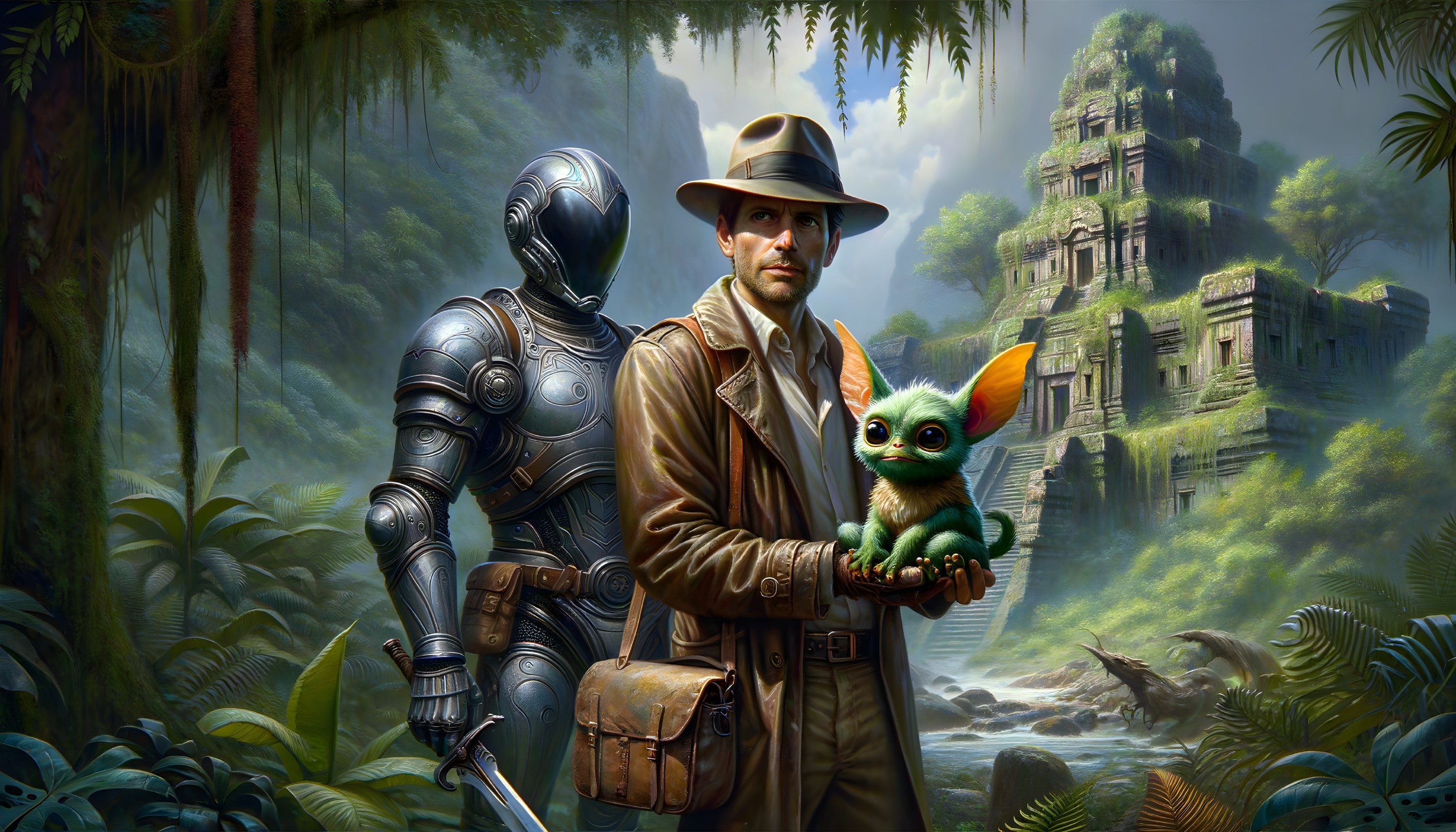 Adventurer with Creature Near Ancient Jungle Temple
