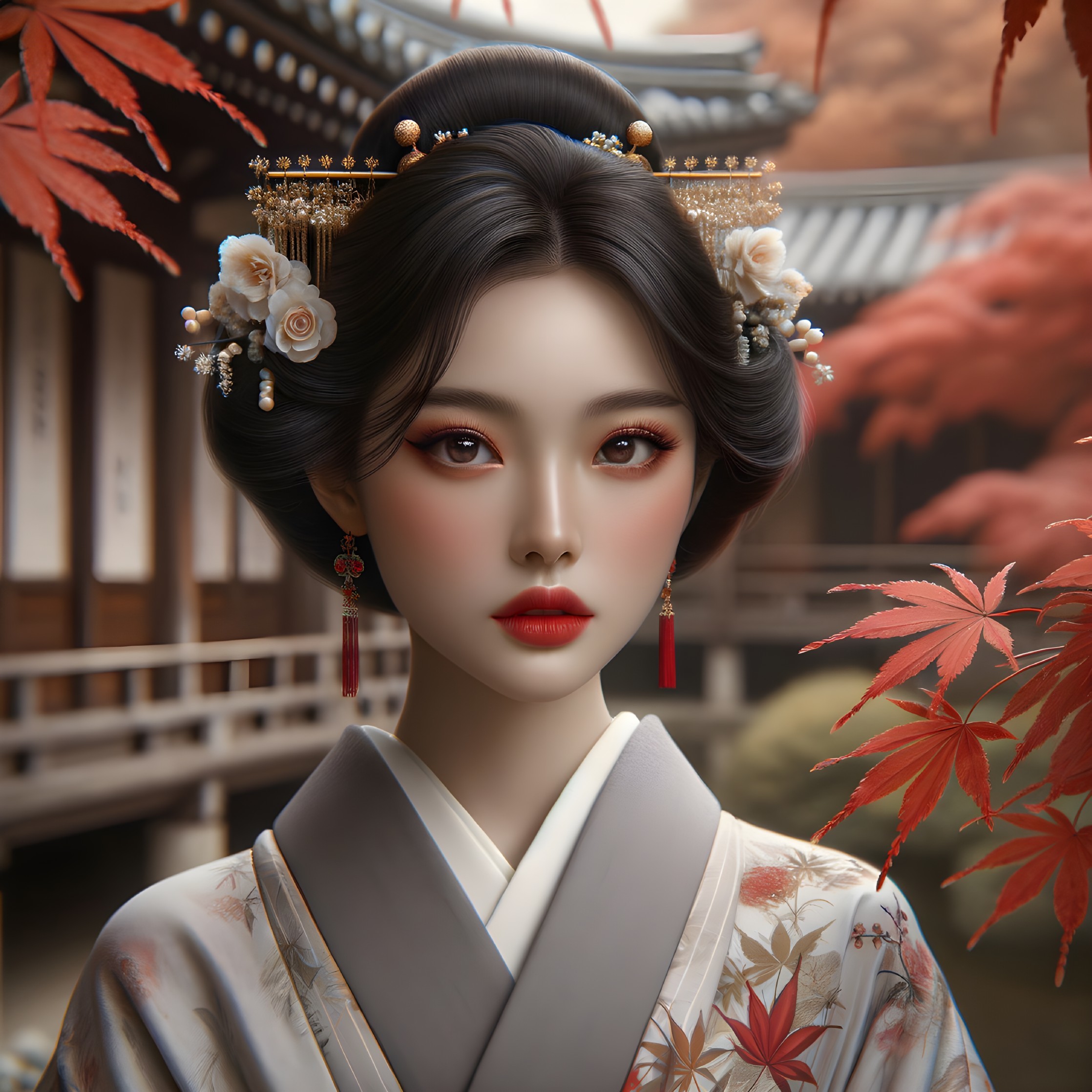 Elegant Kimono Amidst Autumn Leaves and Architecture