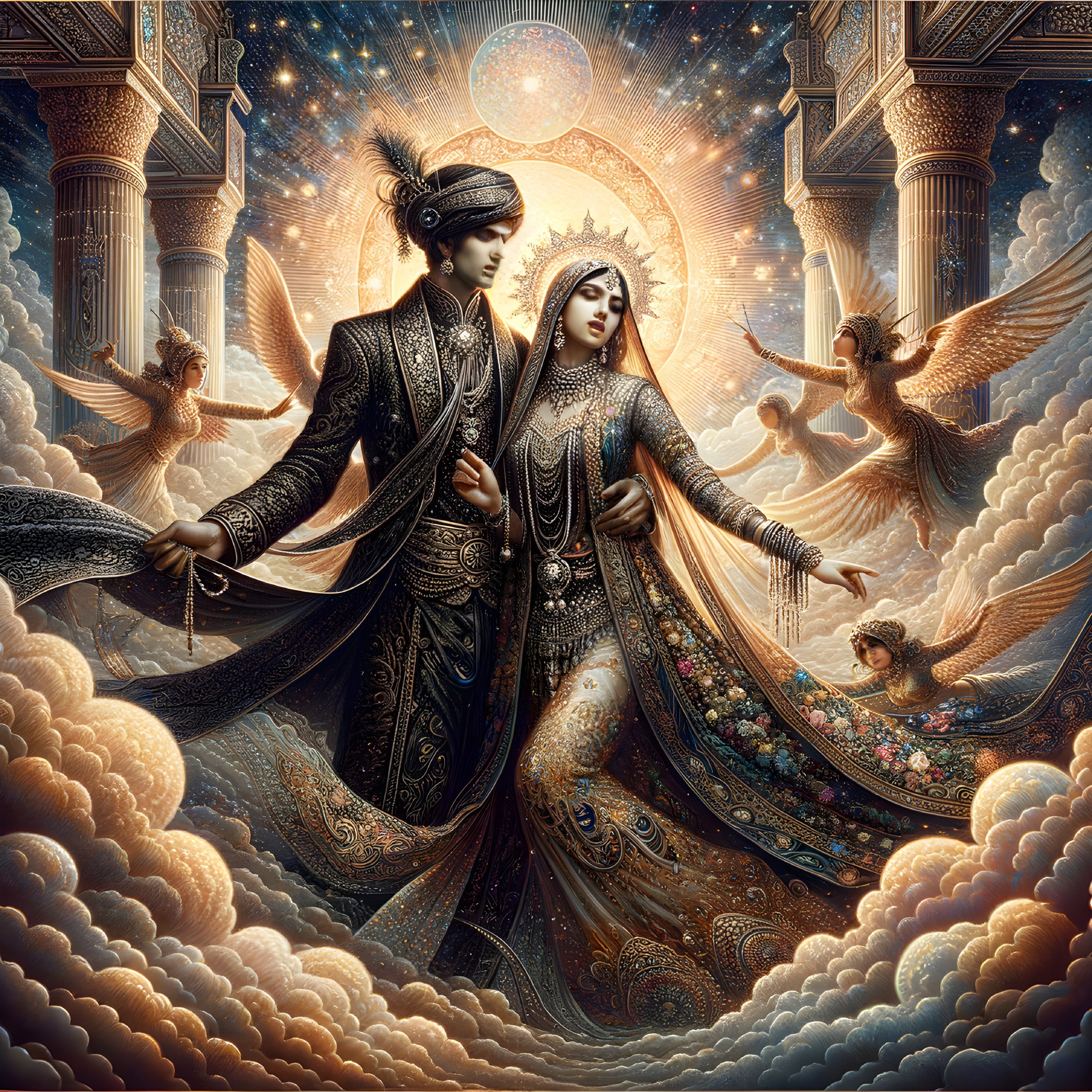 Royal couple in ornate garments amidst celestial clouds