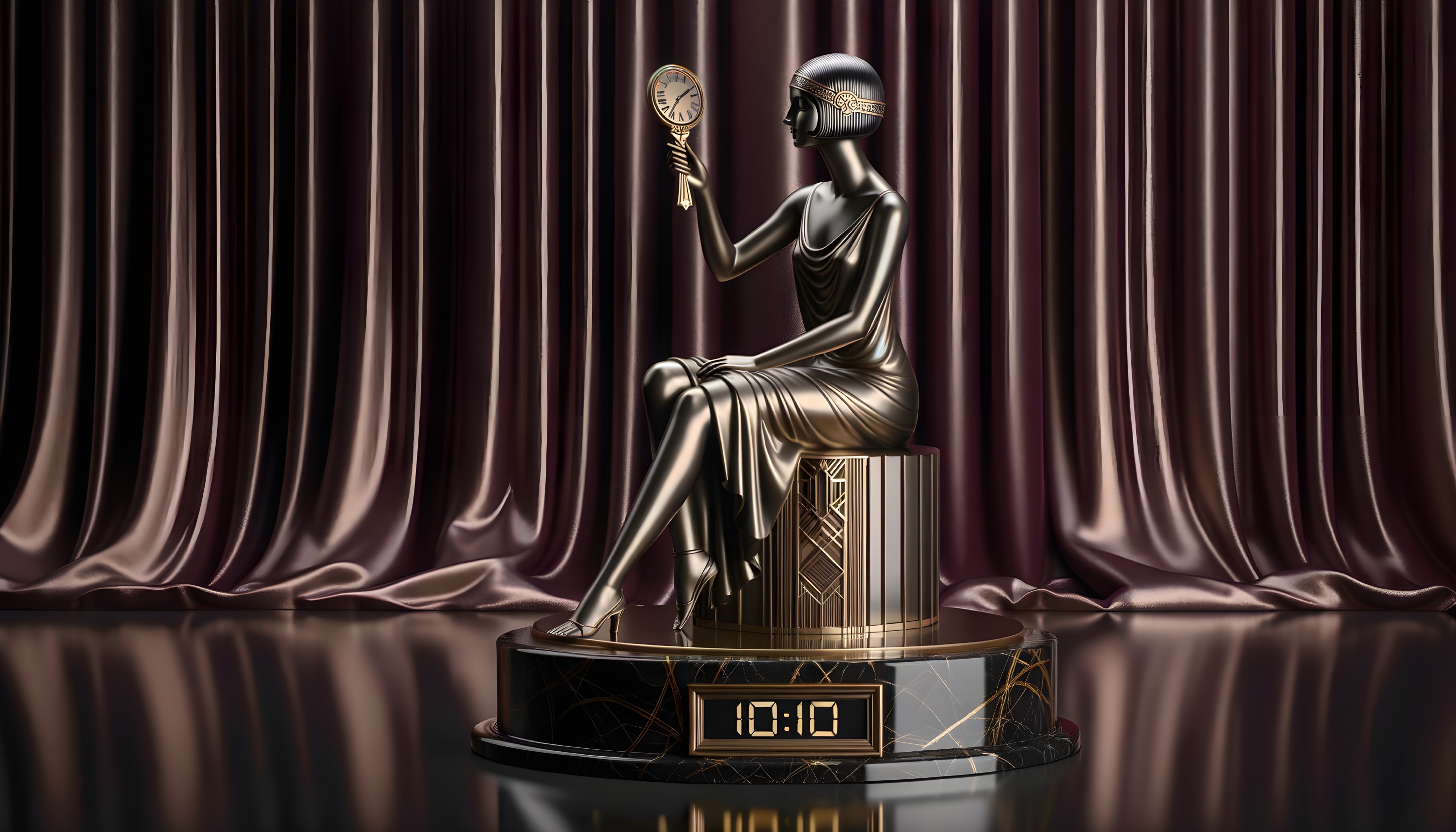 Bronze Statue of Seated Woman with Mirror and Clock