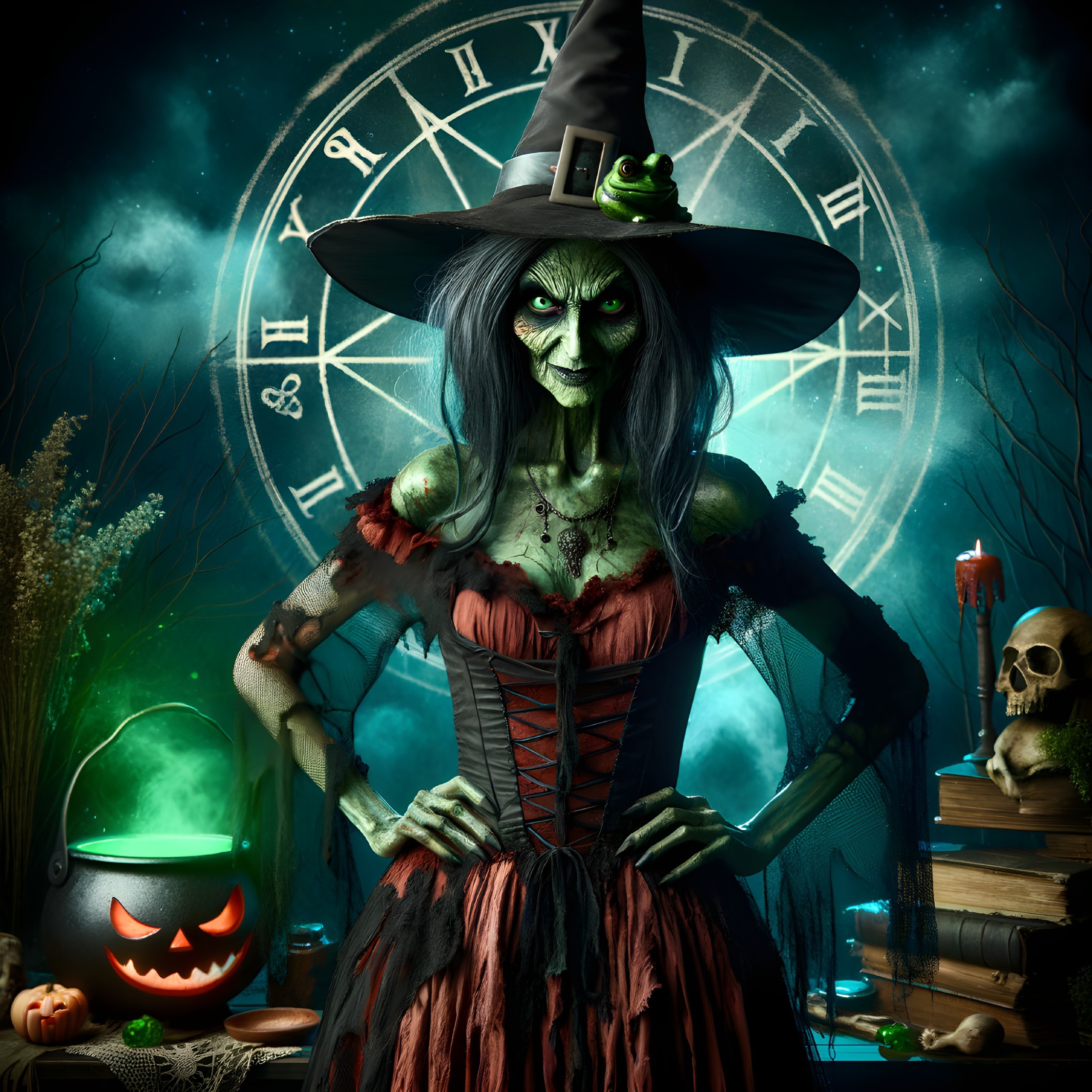Witch in Dimly Lit Room with Glowing Cauldron