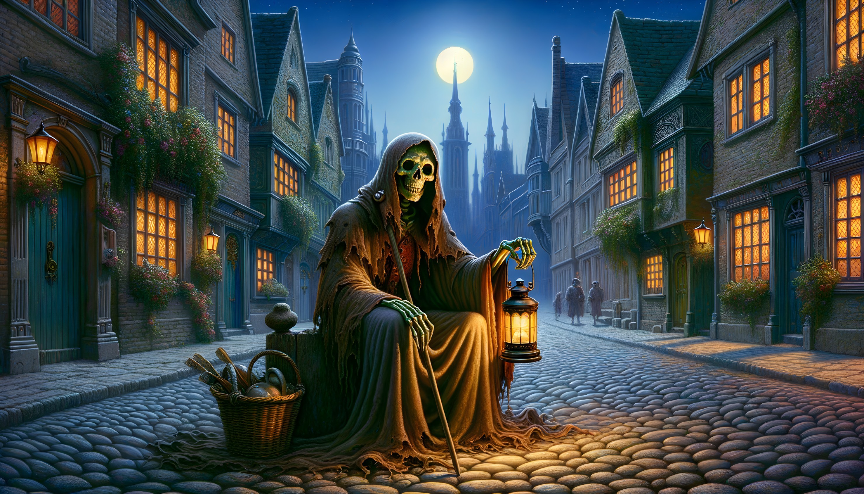 Skeletal Figure with Lantern on Moonlit Cobblestone Street