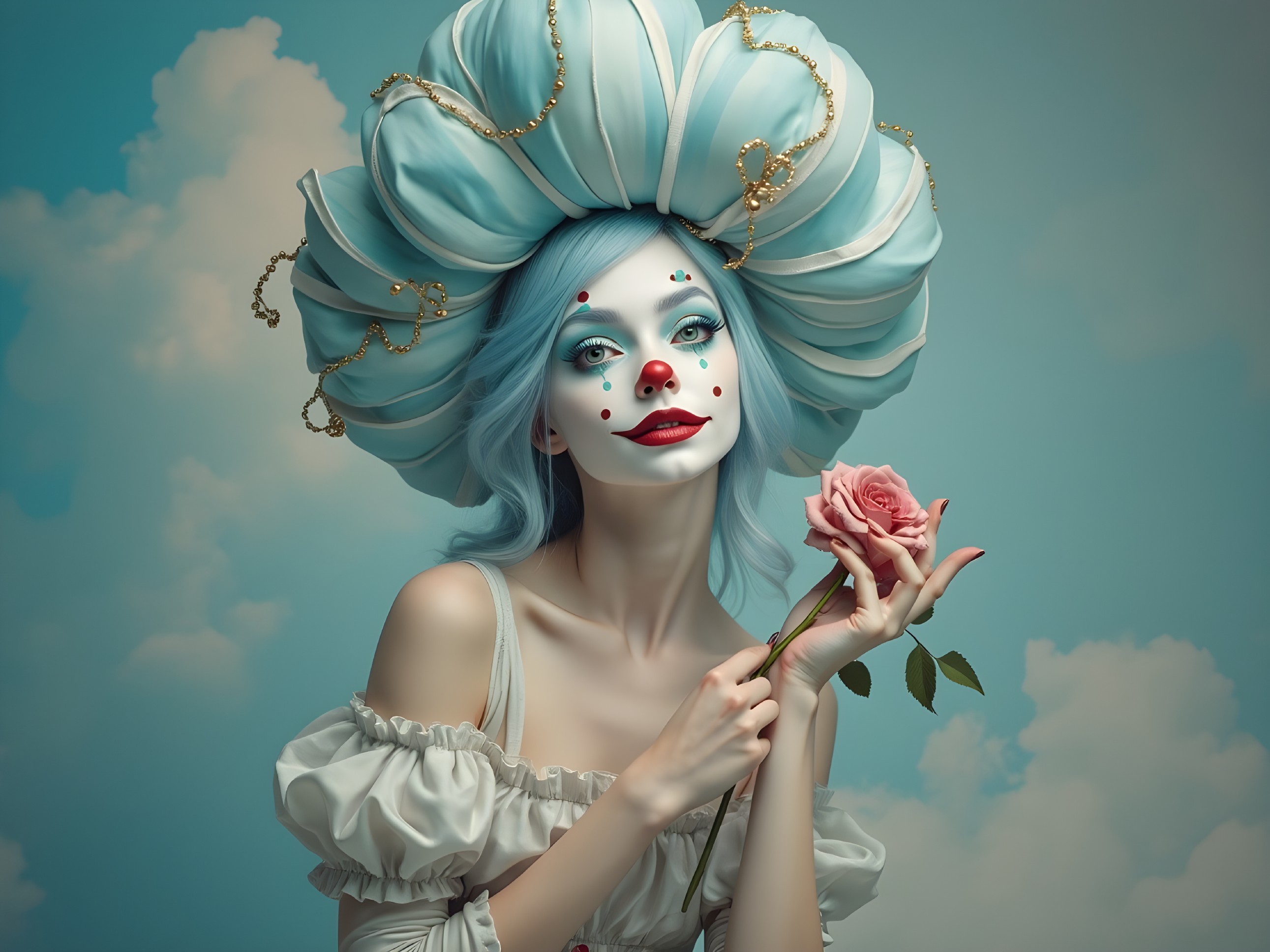 Whimsical figure with blue hat and clown makeup