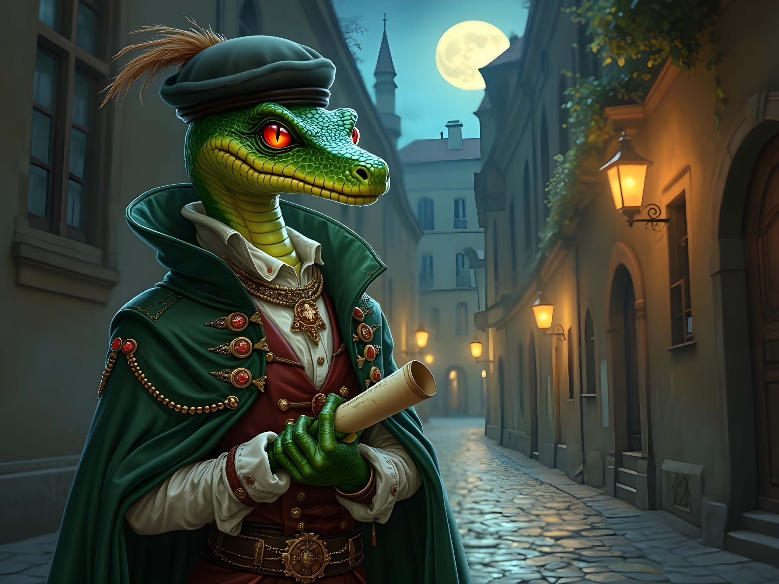 Whimsical Lizard Noble in Moonlit Alley Scene