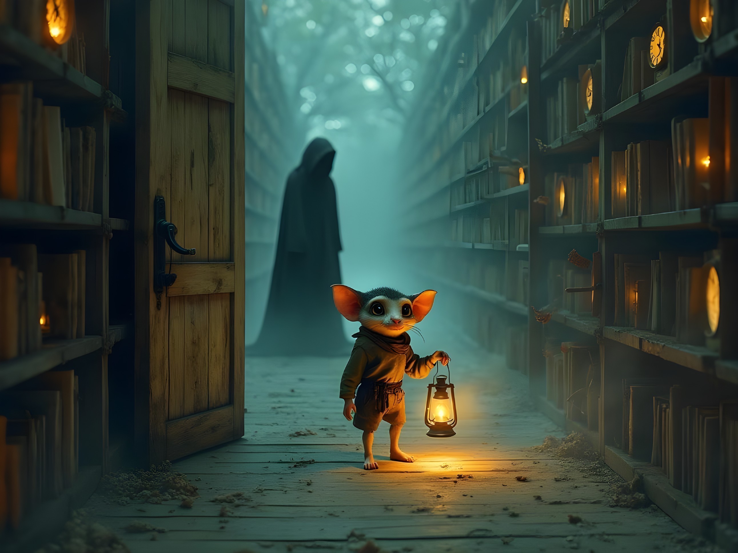 Misty Library Scene with Enigmatic Creature and Shadow
