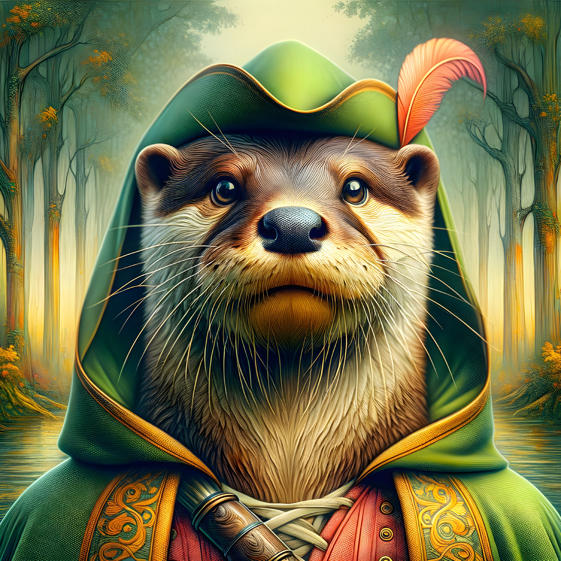Anthropomorphic otter in whimsical character costume in enchanted forest