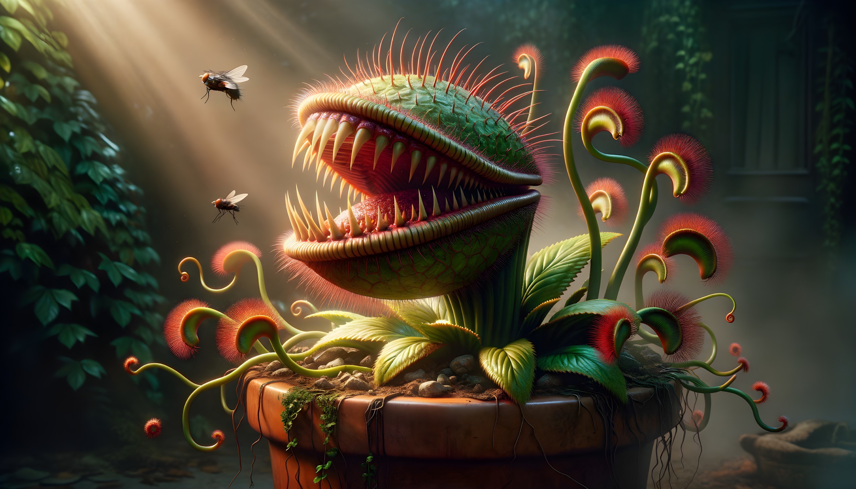 Venus Flytrap in Terracotta Pot with Flies Nearby